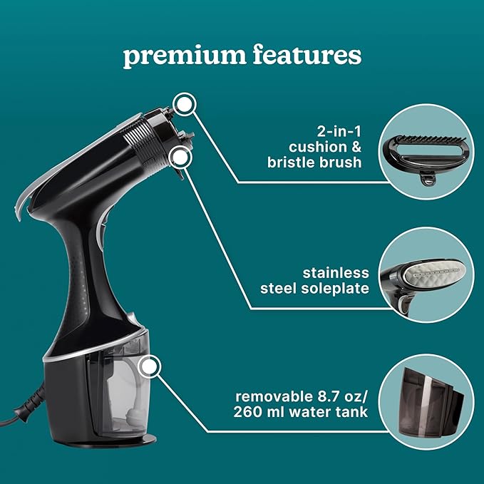 Homedics PerfectSteam Deluxe Handheld Garment Steamer - Fast Heat, Turbo Power, 15-Minute Continuous Steam, Built-In Crease Attachment