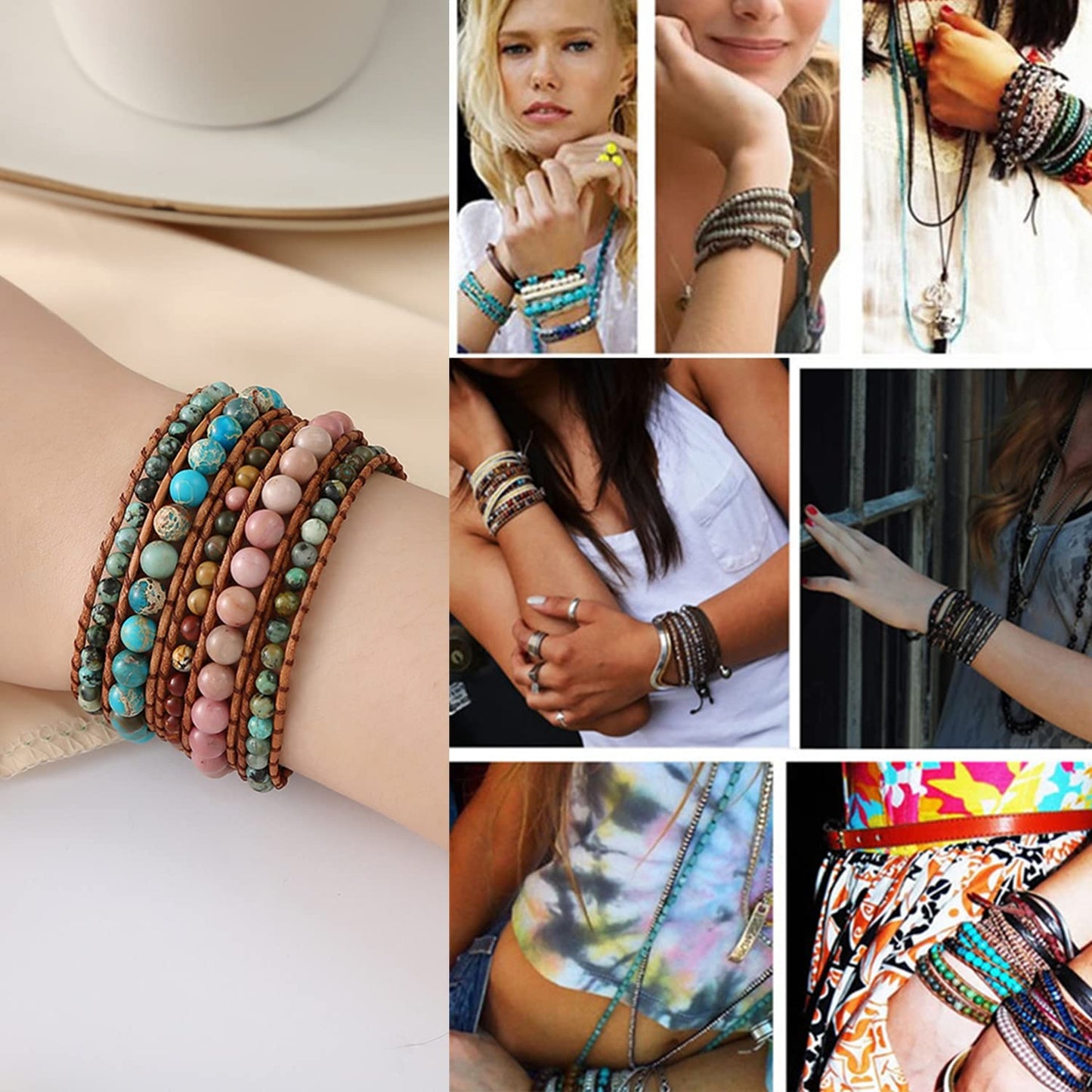 Plumiss Women Boho 5 Wraps Bracelet Natural Rhodonite Picasso Jasper Turquoise Stone Strand Bracelet Jewlery