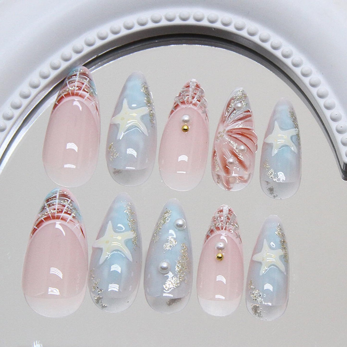 Summer Blue Sea Press on Nails Medium-Length Almond Press on Shell French Tips Fake Nails Starfish False Nails with Pearl Designs Acrylic Nails 3D Waves Texture Stick on Nails for Women Manicure 24Pcs