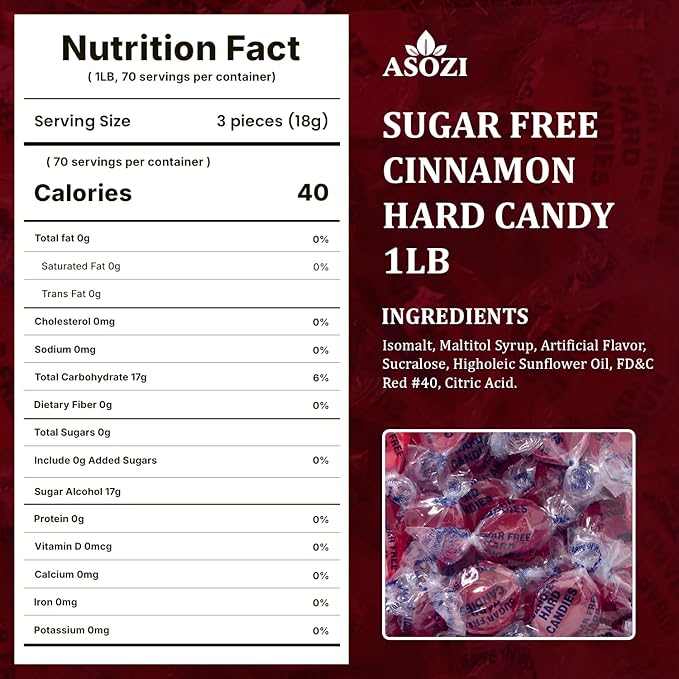 Sugar Free Cinnamon Hard Candy- 1lb Bulk Sugarless Candy Disc, Cinnamon Discs Individually Wrapped Keto And Diabetic Friendly, for Parties & Holidays by ASOZI