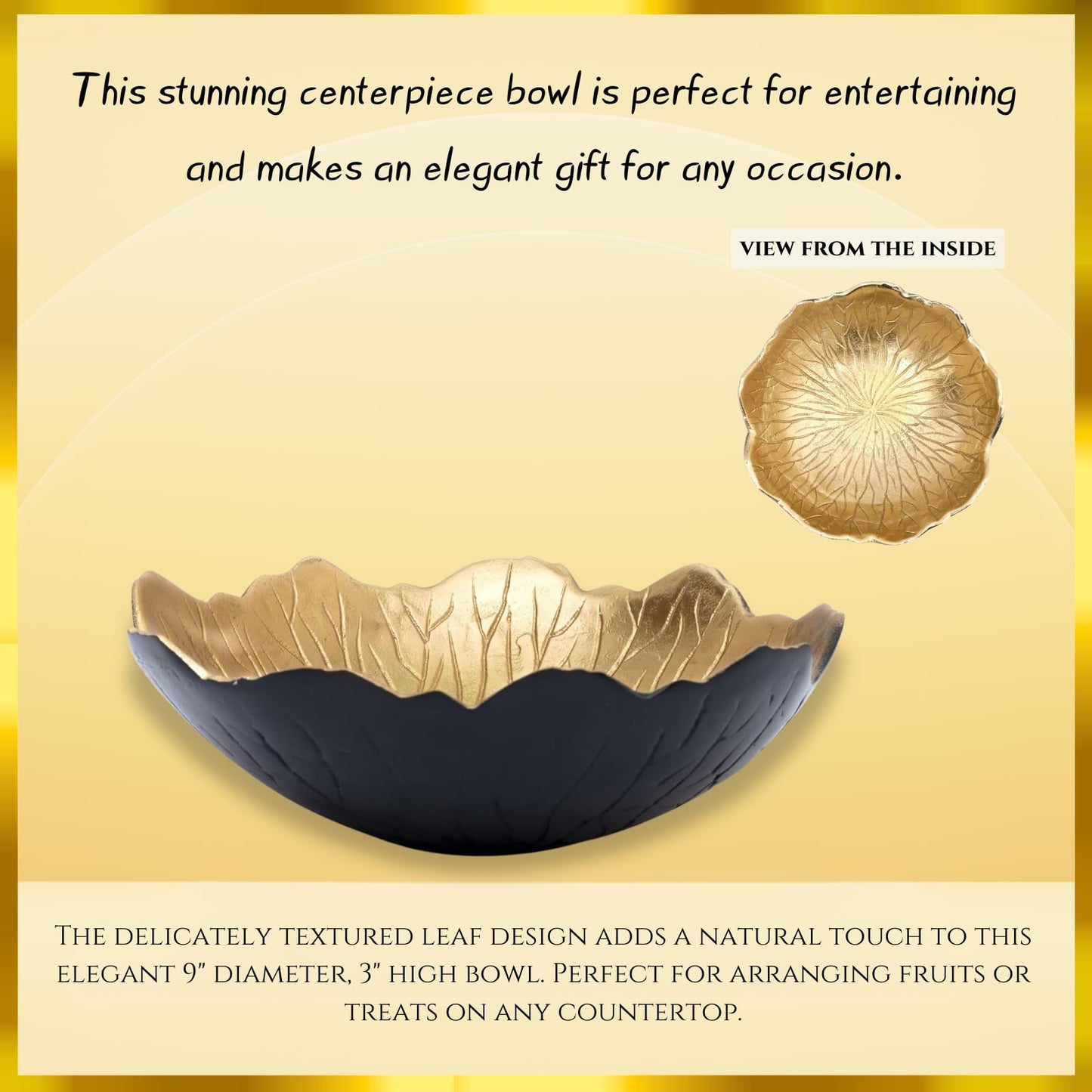 Leaf Bowl for Serving Fruits, Appetizers - Black & Gold - Elegant Home Decor Centerpiece Serveware Charcuterie Catchall Vanity Dish For Entertaining, Wedding 9" D 3" H