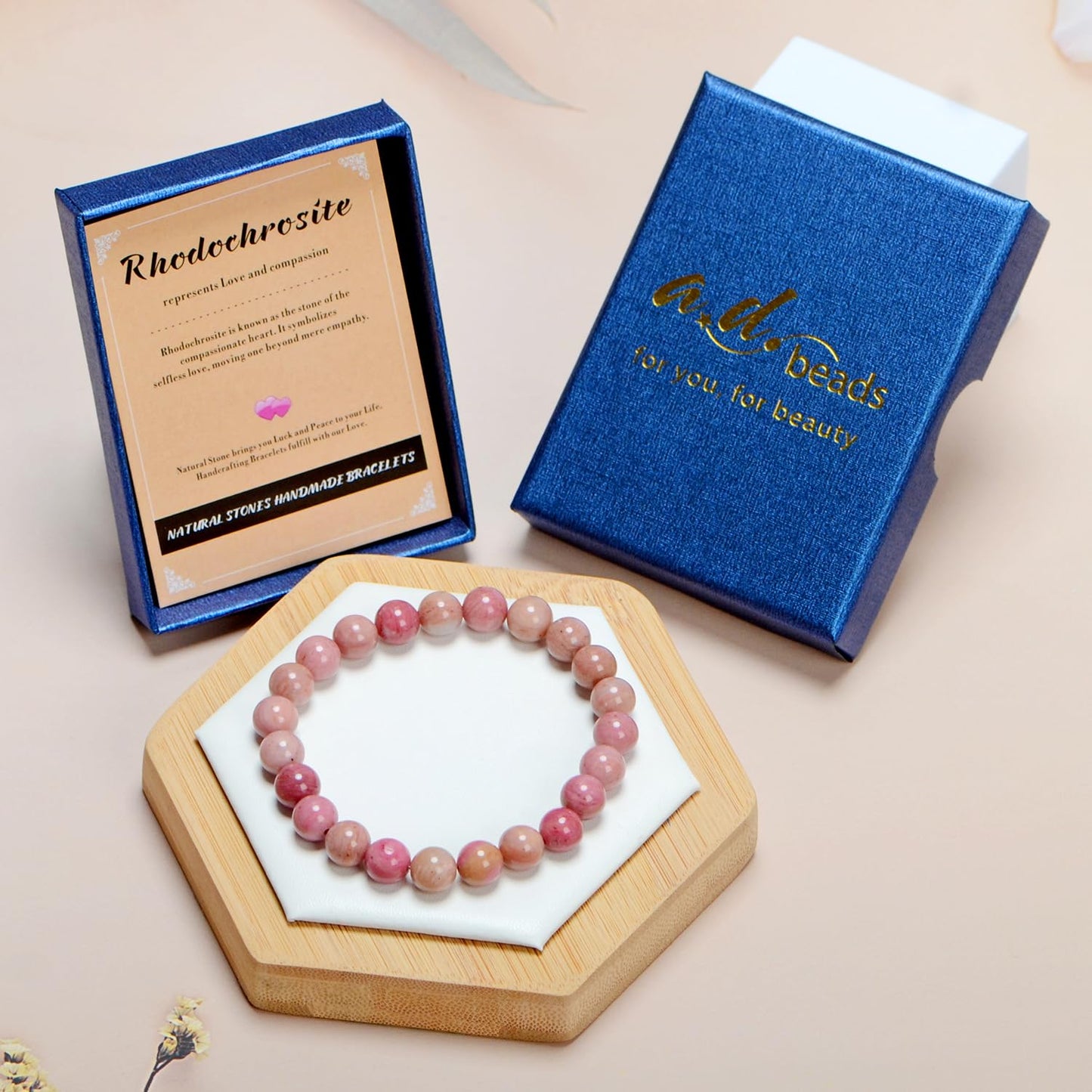 AD Beads Handmade Gemstone Stretch Elastic Bracelet Crystal Healing Reiki Nature's Beauty and Spiritual Essence Unisex (10mm, Rhodochrosite)