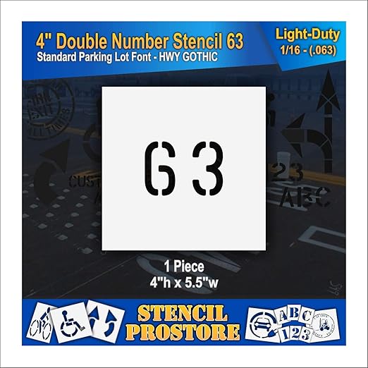 Pavement, Curb, and WheelStop Stencils - 4 inch Double Number Stencil - (63) - 4" x 5.5" x 1/16" (63 mil) - Light-Duty