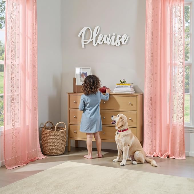 jinchan Winslow Pink Sheer Curtains 84 Inch for Bedroom Living Room Embroidered Bordered Floral Nursery Curtains for Girls Room Dorm Light Filtering, Beige on Pink, 2 Panels, 50W x 84L