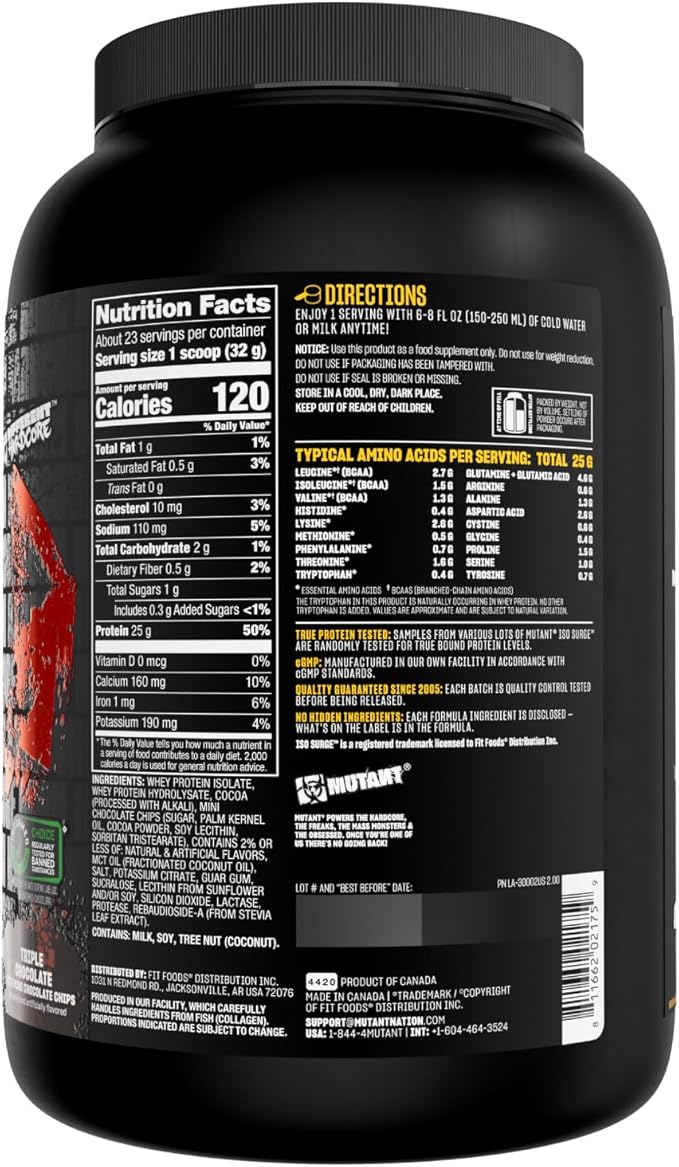 Mutant ISO Surge Whey Protein Isolate Powder Acts Fast to Help Recover, Build Muscle, Bulk and Strength, 1.6 lb (Triple Chocolate)