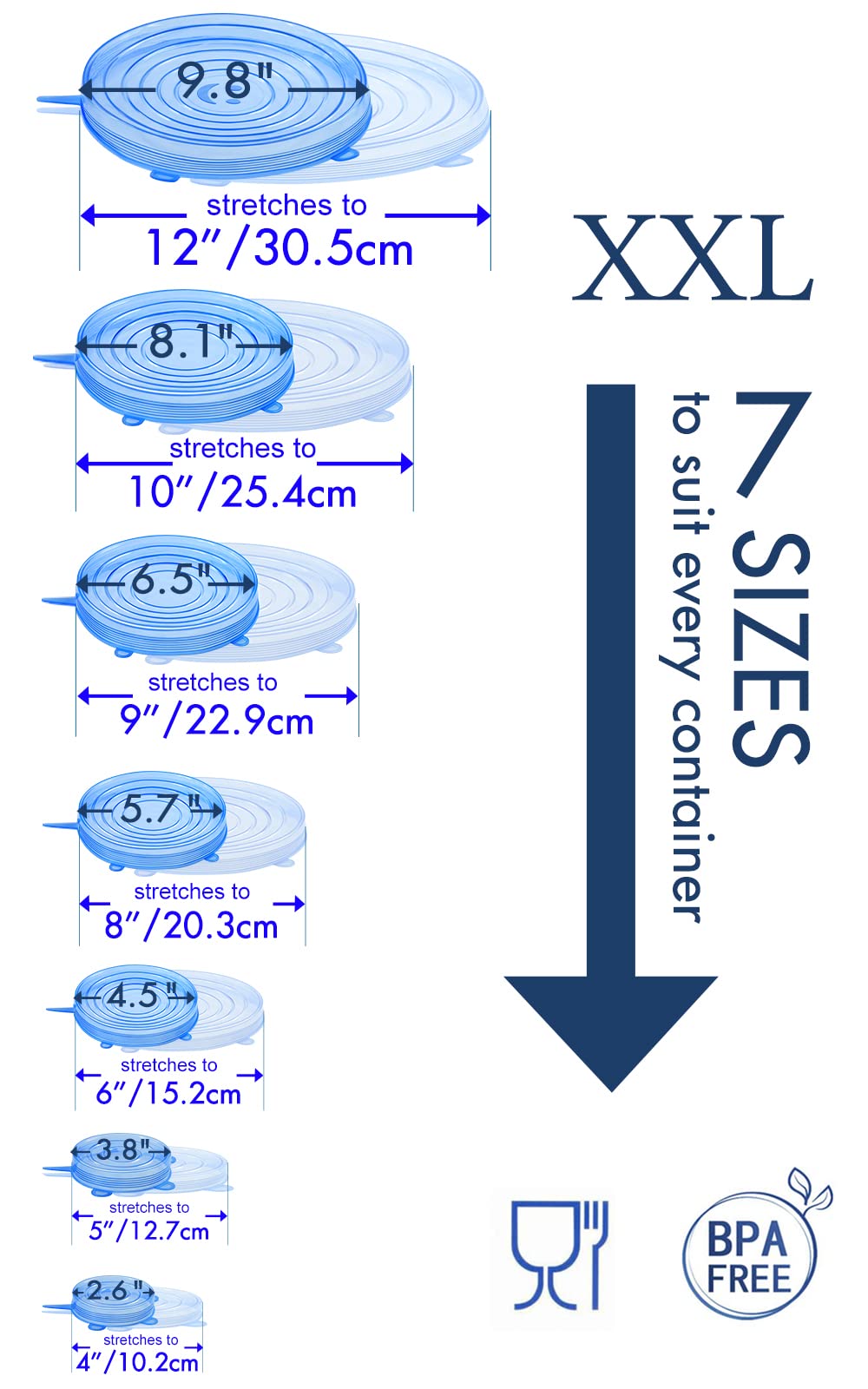Longzon Silicone Stretch Lids 14 Pack Include 2Pcs Size up to 9.8'' Diameter,Reusable Durable Food Storage Covers for Bowl,7 Different Sizes to Meet 2.6"-9.8''Dia Containers,Dishwasher & Freezer Safe