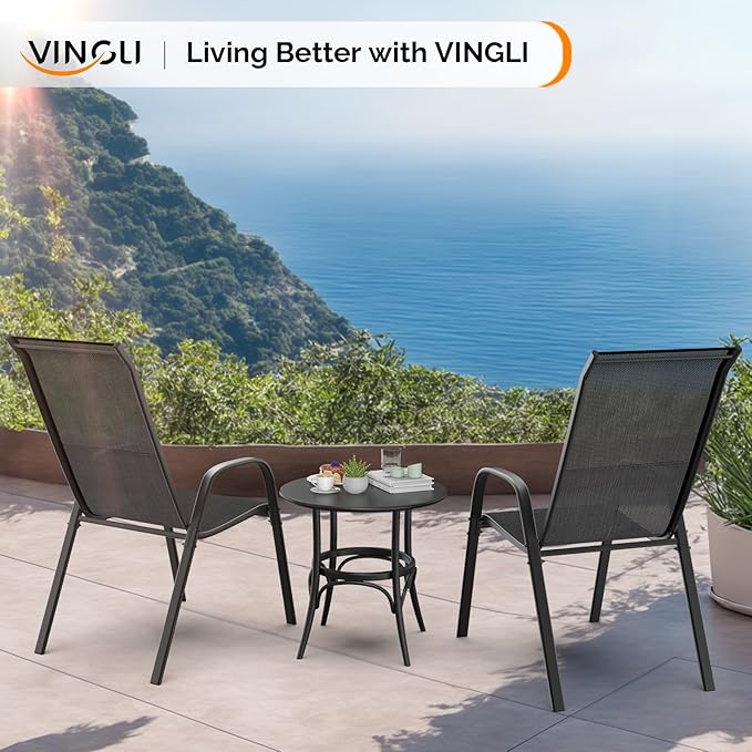 VINGLI Patio Chairs Set of 2 – Stackable Outdoor Dining Chairs with Comfortable Sling High Back Chairs and Armrests for Lawn, Poolside, Courtyard, Balcony, Garden, Black