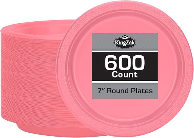 Hanna K. Signature Pink Plastic Plates - 7 Inch, 600 Count - Solid Round Party Plates for Weddings, BBQs & Birthdays