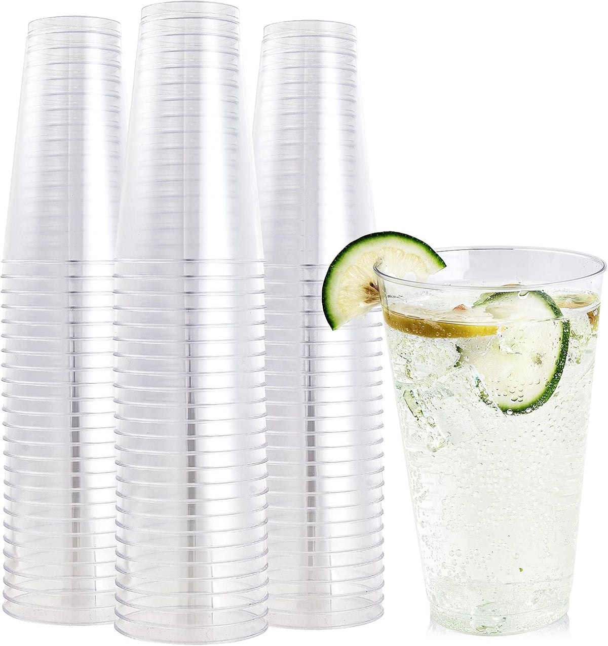 FOCUSLINE 100 Pack 16 oz Clear Plastic Cups, Disposable Cups Large Reusable Plastic Tumblers, Heavy-duty Clear Hard Cups 16 Ounce for Wedding Party, Thanksgiving, Halloween, Christmas