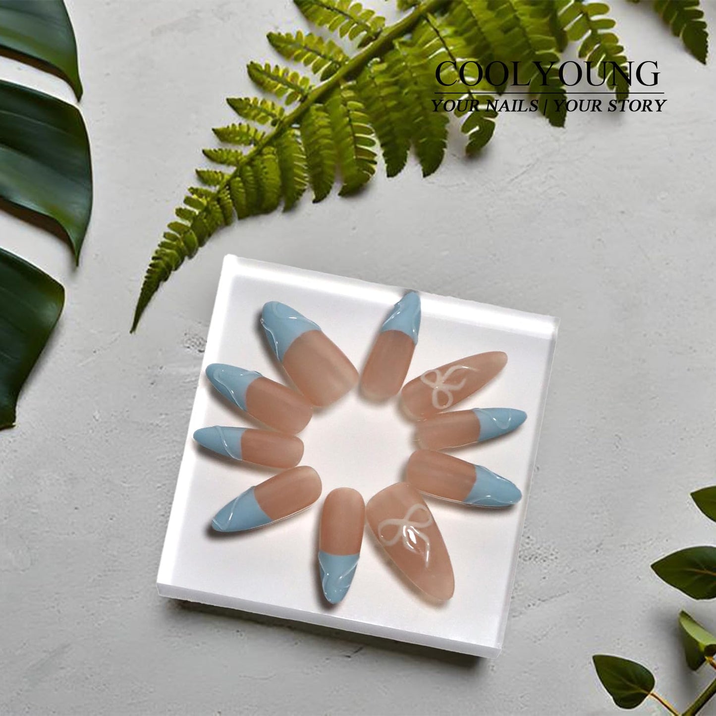 Homemade Press On Nails, Almond Nails, 3d Press On Nails, Nude Nails, Press On Nails With Designs, French Tip Nails, Blue Press On Nails, COOLYOUNG Handmade Nails, 10 PCS, Size S