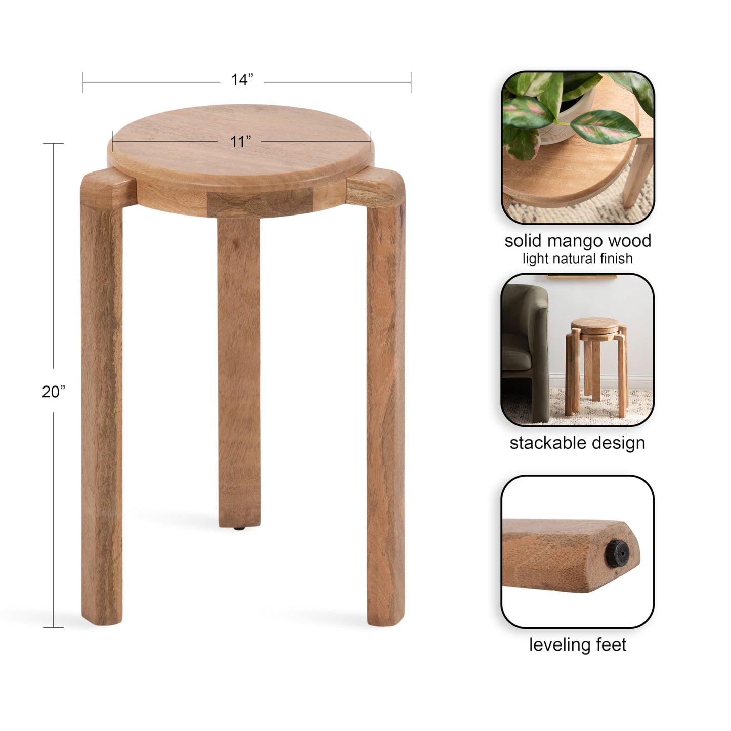 Kate and Laurel Stuart Wooden Round Side Table, 14 x 14 x 20, Natural Wood, Transitional Circle Nightstand Table for Use as Indoor Plant Stand or Living Room Accent Table