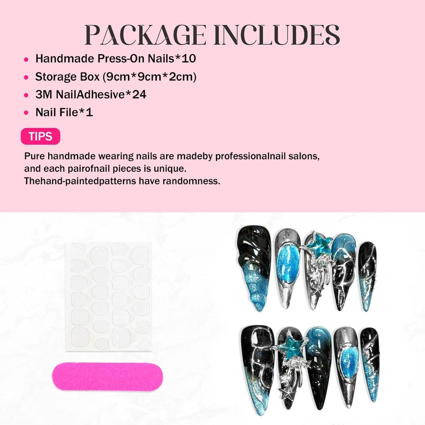 Handmade 3D Dark Sci-Fi Ocean Star Stiletto Press On Nails, Blue Black Gradient Rhinestone Artisan Nails Set, Reusable Glossy Press-ons with Tool Kit(M)