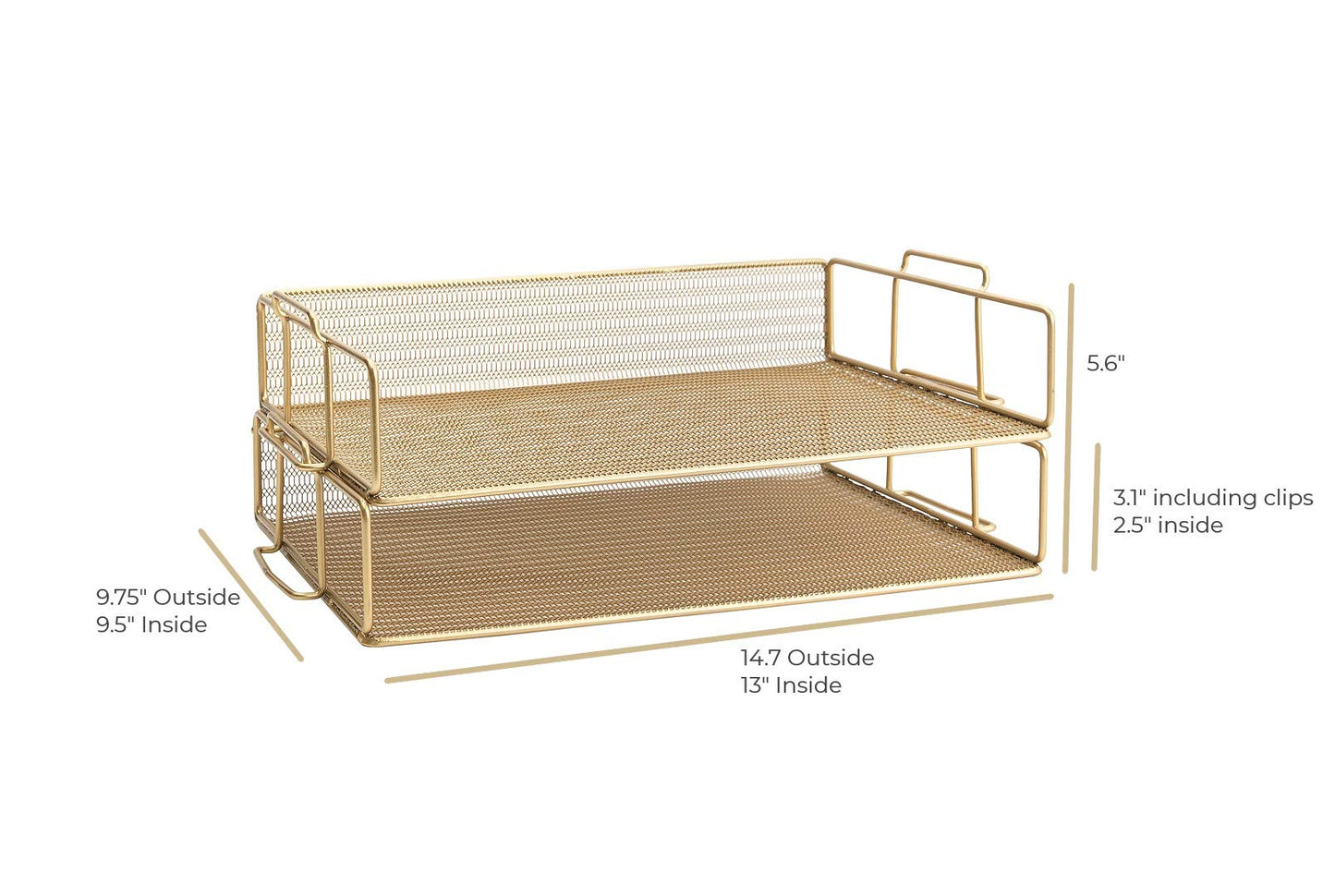 BLU MONACO | Paper Tray Stackable Gold Mesh Set of 2 | Stackable File Trays for Desk Organization | Tiered Desk Organizer with Metal Letter Trays