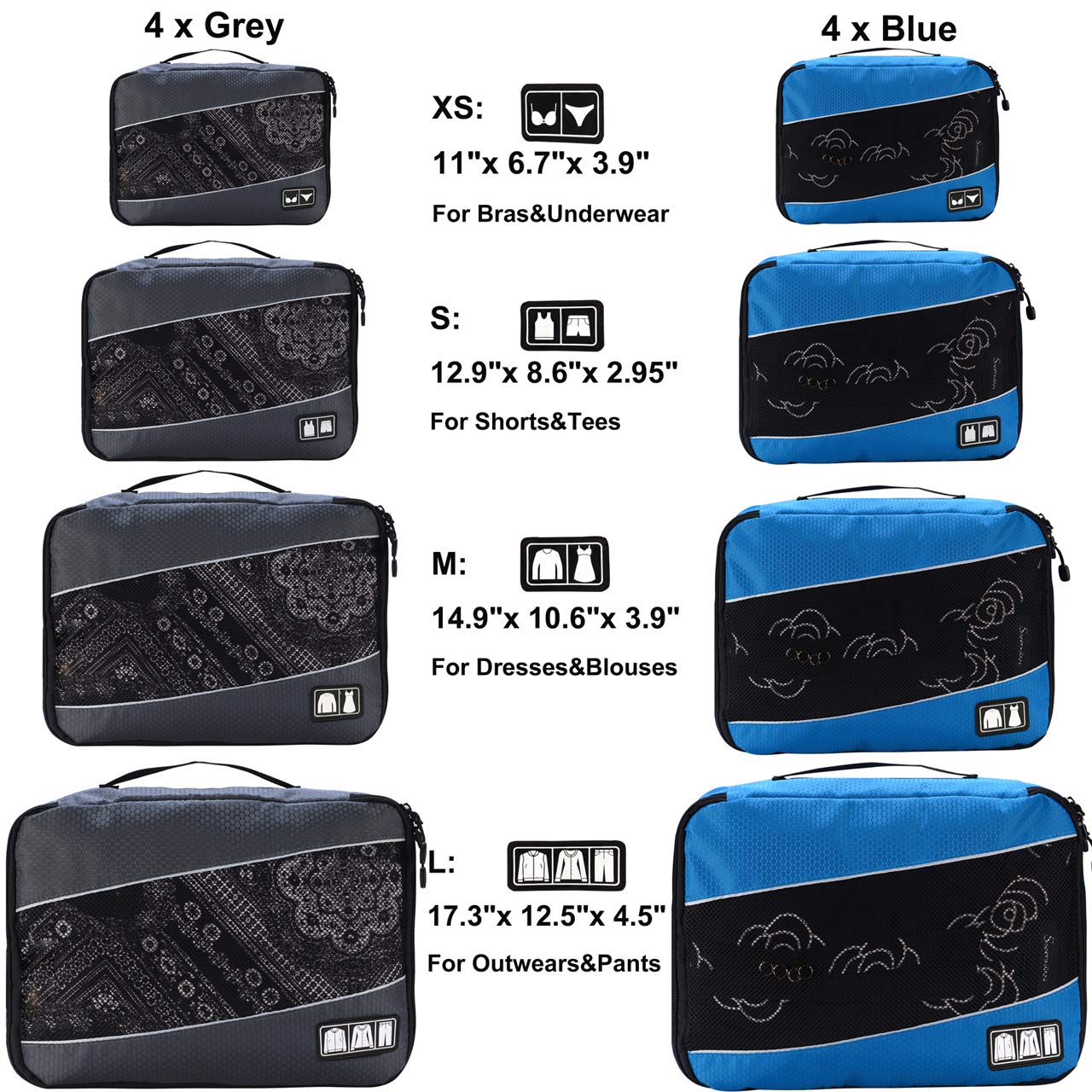 8 Set Packing Cubes, Travel Luggage Bags Organizers Mixed Color Set (Grey Blue)