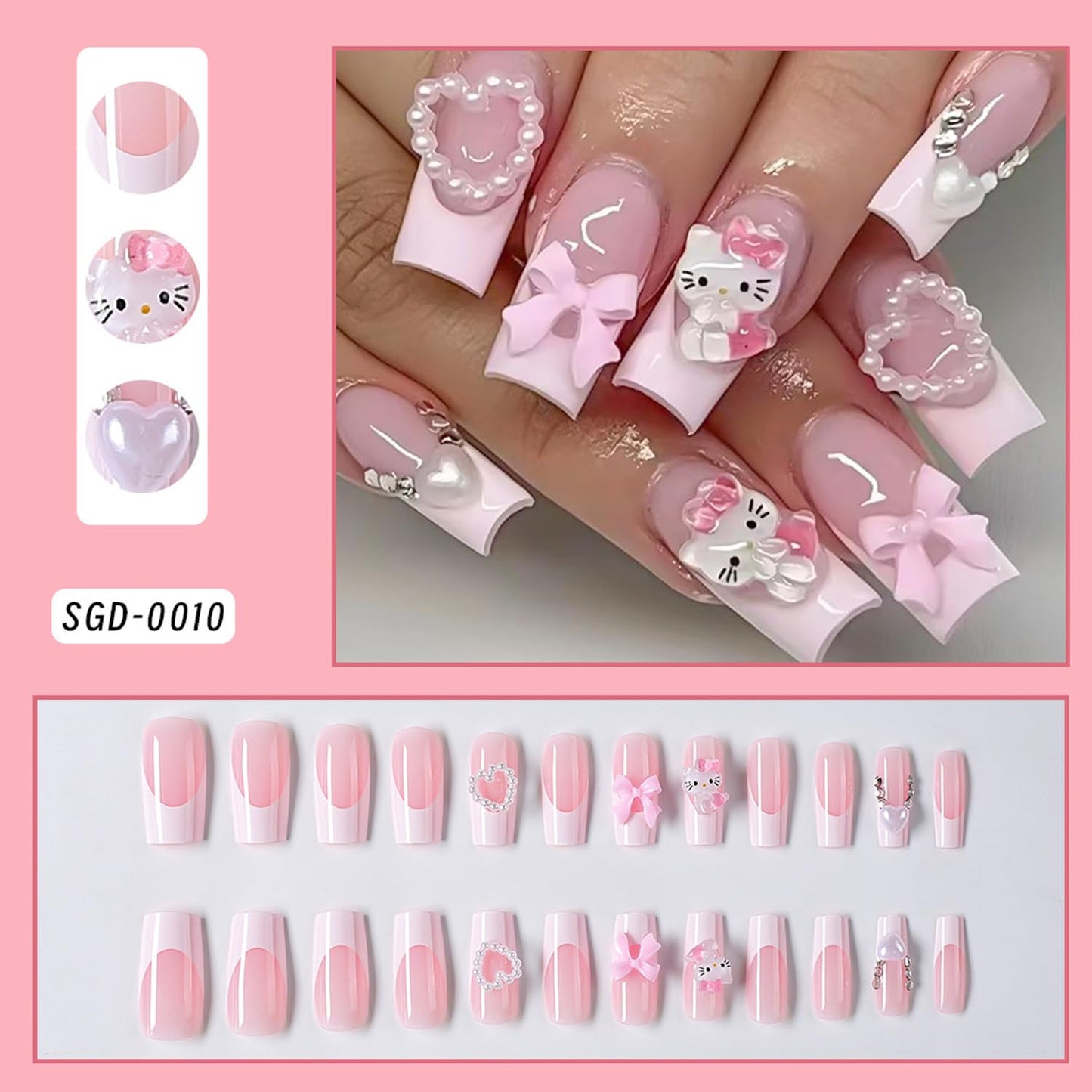 24pcs Cartoon Press on Nails Medium Square Fake Nails Heart-Shaped Bow Nails, French Tip Press on 3D Bows Heart False Nails Tips Cute Stick on Nails Full Cover Artificial Acrylic Nails for Women Decor