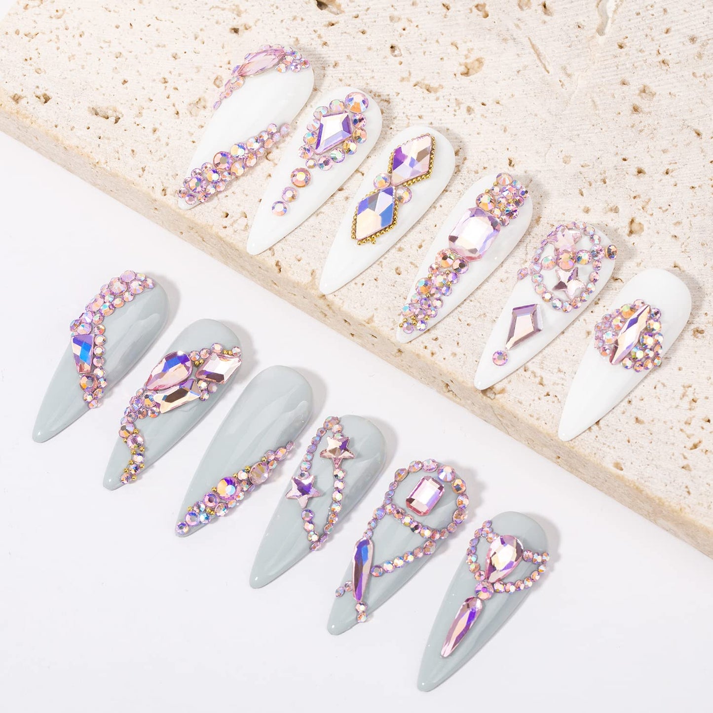 DZHILHMX Nail Rhinestones - 4300pcs Crystal Pink AB, Multiple Shape Gems, Flat Back Rhinestones, with Kit and Glue Gel, for Nail Art