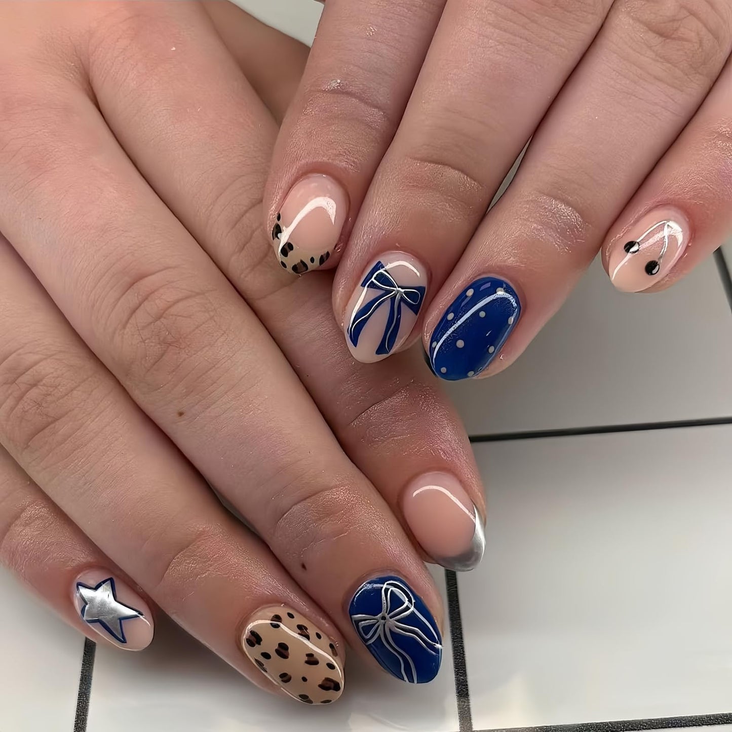 Blue Press on Nails Medium Oval Fake Nails French tip Nails Press ons with Polka Dot, Leopard, Star Design,Cute Reusable Artificial Nail Full Cover Stick on Nails for Women Manicure 24Pcs