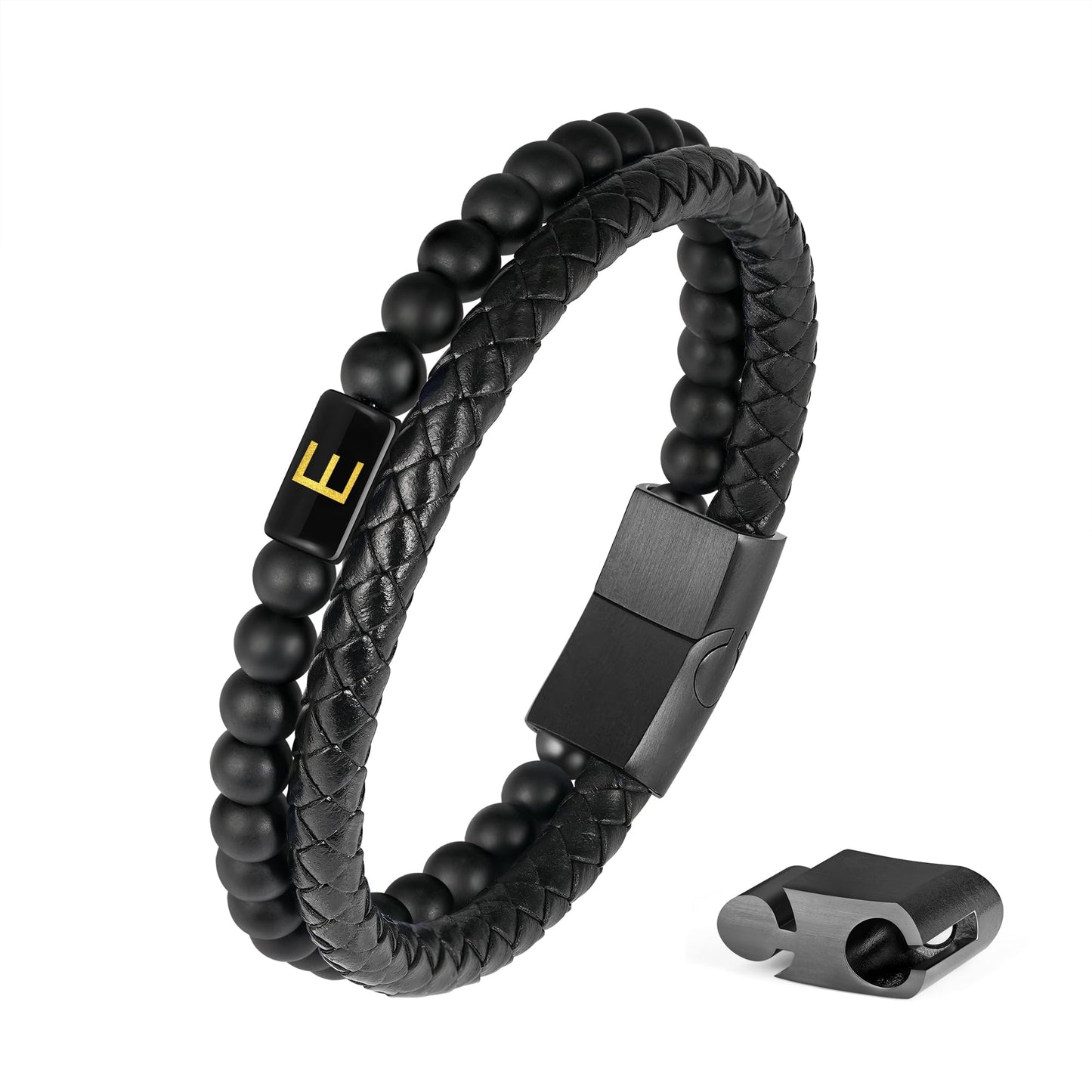 FOCOOG Mens Leather Bracelet with Initial - Black Matte Agate Bead Bracelet