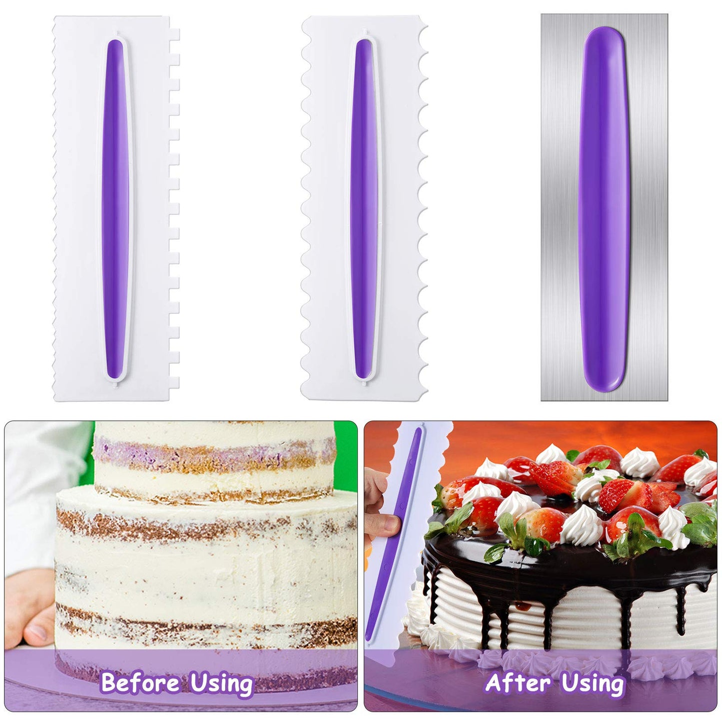 Patelai 3 Pcs Cake Scraper Cake Decorating Comb Set, Stainless Steel Icing Smoother with Plastic Edge, Cream Smoother Decorating Tools for Butter Cream Mousse 9 Inch
