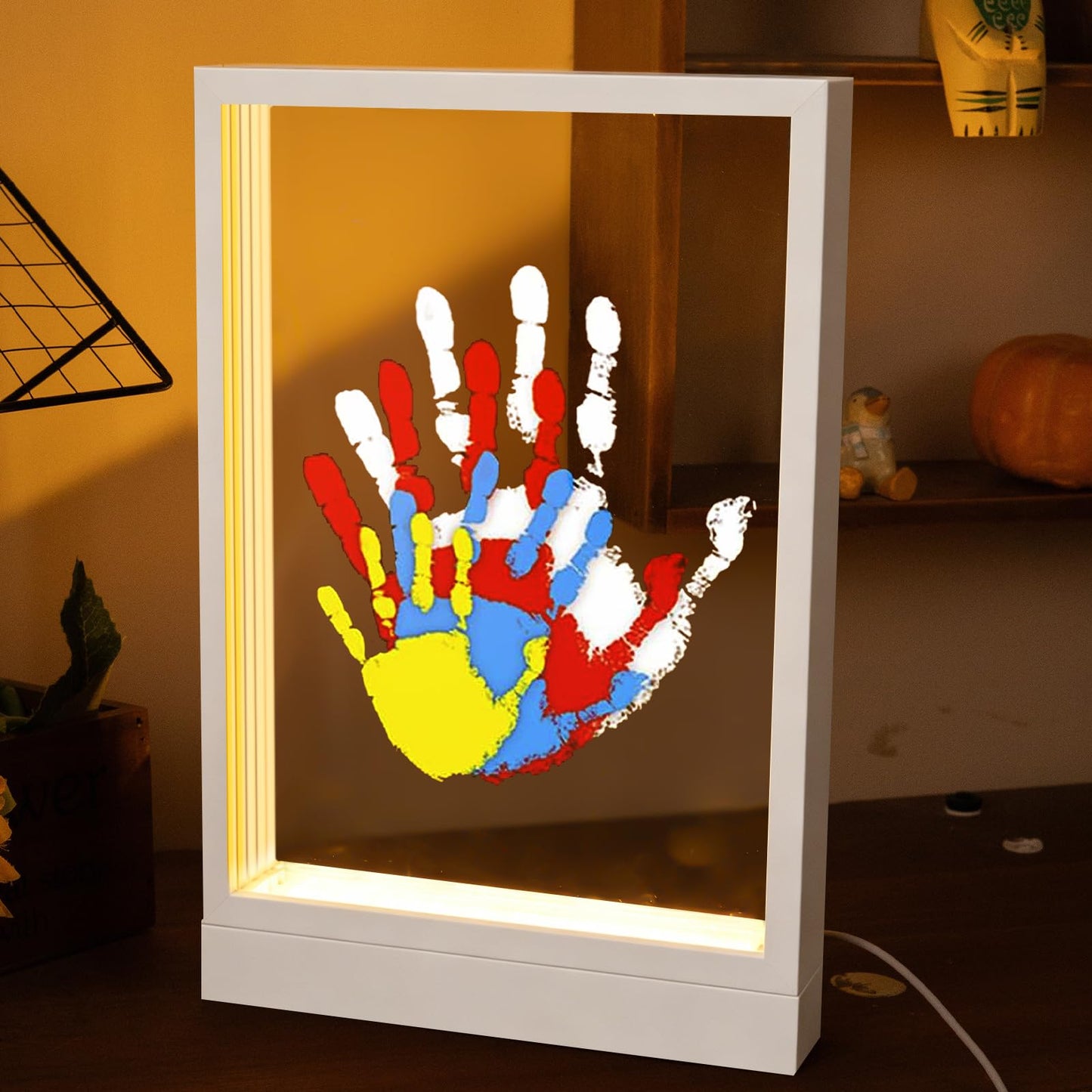 CHERRY CHEERS Family Handprint Kit with Light, Handprint Keepsake Frame, Wooden Led Light, Easy Install, No Need Screw etc, Non-Toxic Paints (White)
