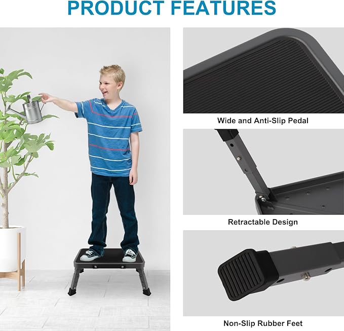 Valeo Folding Step Stool, Adjustable Step Stool with Non-Slip Platform, 500 Lbs Capacity, Step Ladder for Adults or Kids in Kitchen, Bathroom, RV, Camping, Office, Black