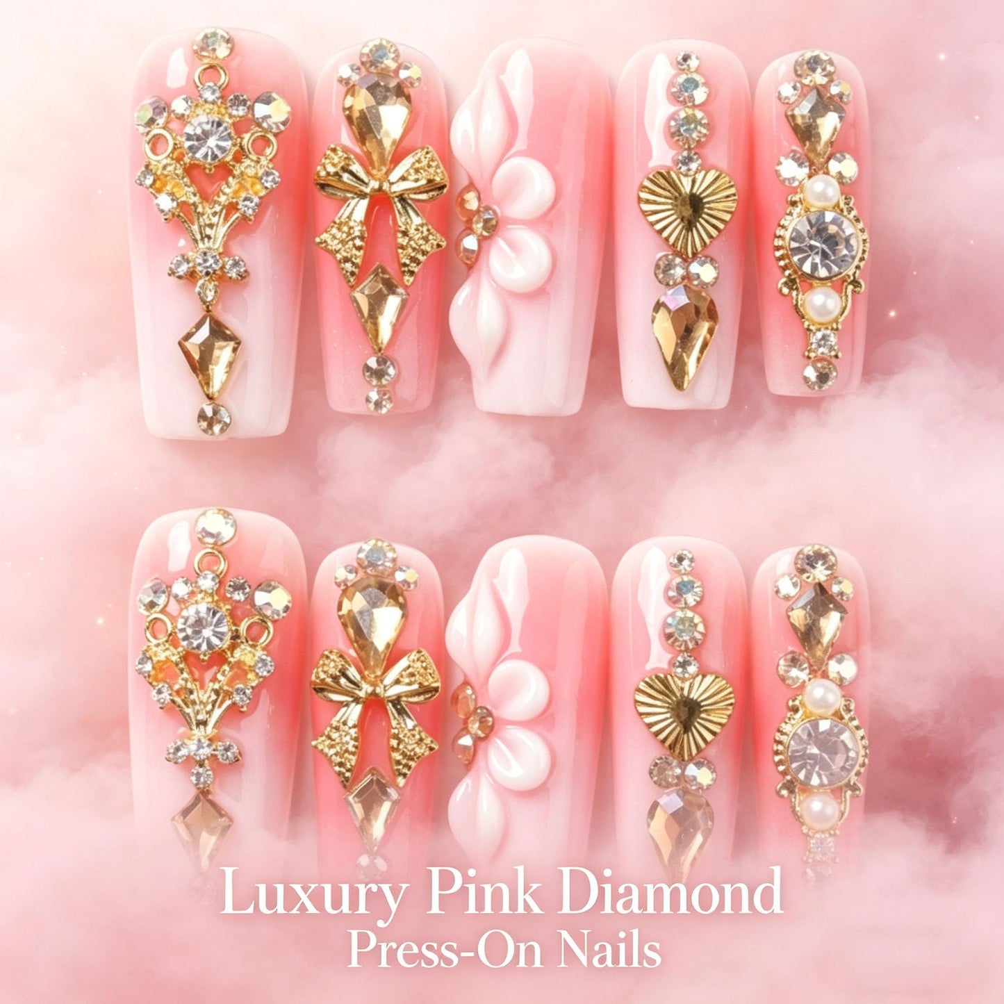Long Square Press on Nails Handmade 3D Cute Glue on Nails for Women, Luxury Homemade Press on Nail Art Design, Fake Nails with 3D Nail Charms Size M 5