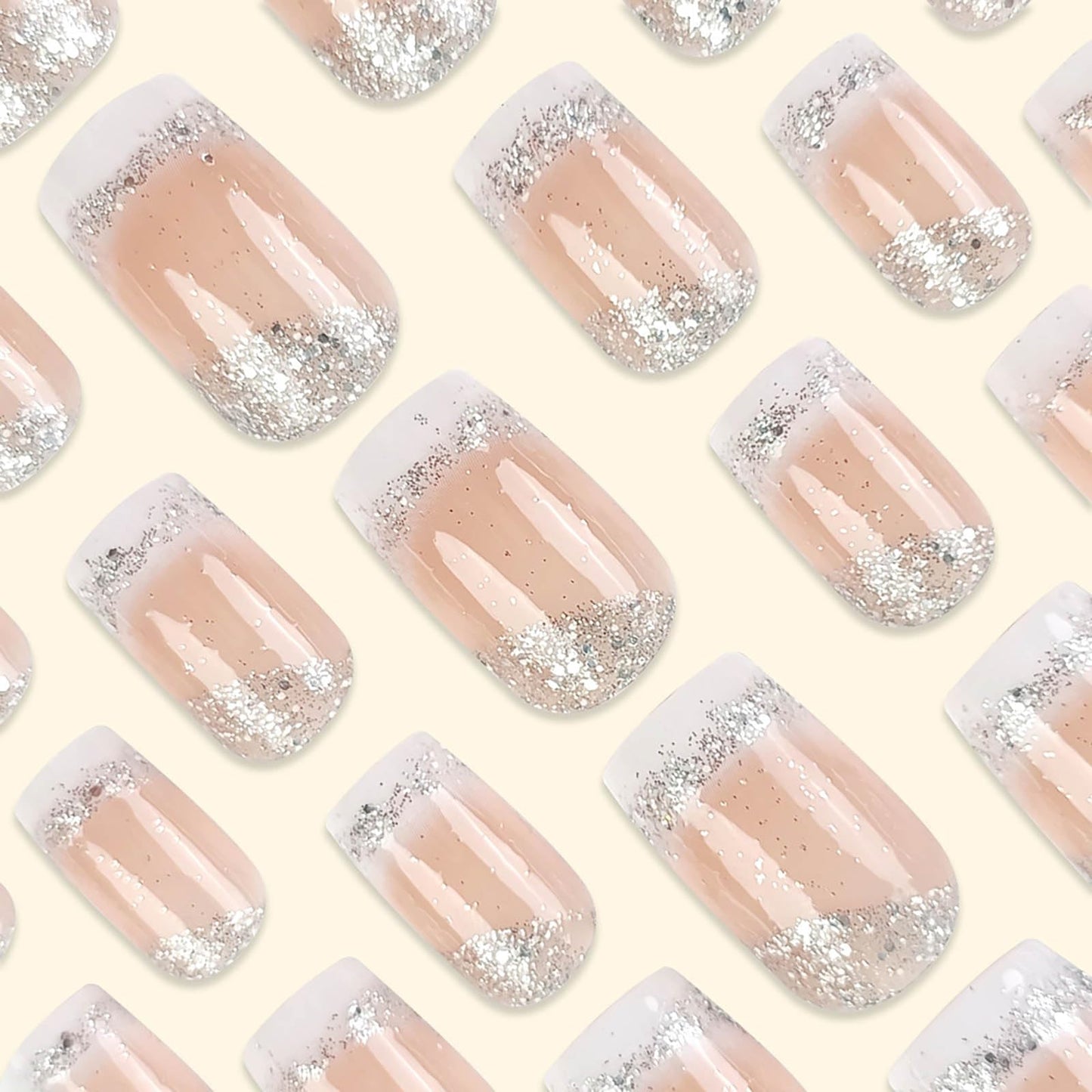 Square Press on Nails White French Tip Nails Press ons Medium Fake Nails with Silver Glitter Designs False Nails Ombre Glossy Artificial Nail Acrylic Glue on Nail for Women Girls 24Pcs