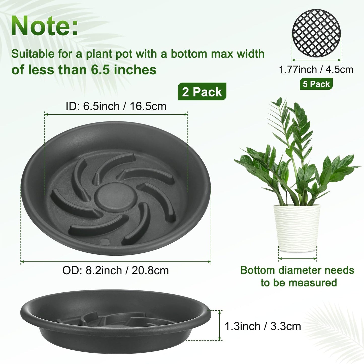 M METERXITY 2-Pack Plant Saucer, 6.5 Inch/ 16.5cm Plastic Plant Trays Thicker for Pots/Indoor/Outdoor/Water Drainage and Protection, Flowerpot Drip Tray [Grayish Black]