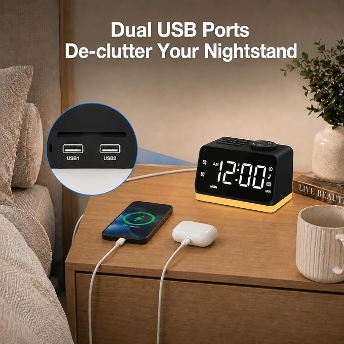 JALL Digital Alarm Clock with FM Radio for Bedroom, 8 Colors Night Light with 2 Charging Port, Sleep Sound Machines with Timer, Dual Alarm, Loud Alarm and Easy to Use for Seniors as Gift