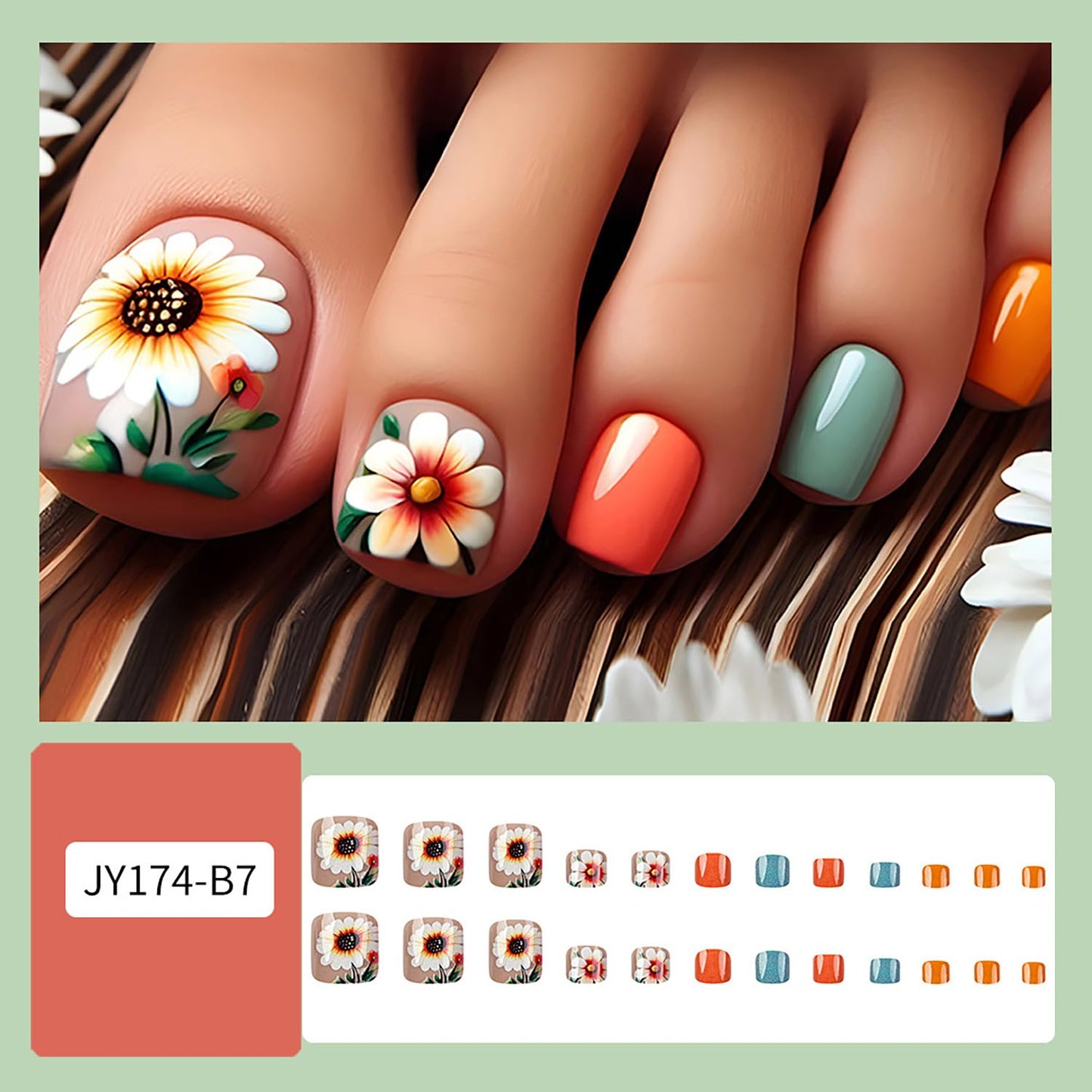 FIEONCIY 24pcs Press-on Square Acrylic False Nails Set with Glue, Chrysanthemum Pattern, Spring/Summer, Modern Style, Full Cover Nails, Multicolor, Glossy Finish