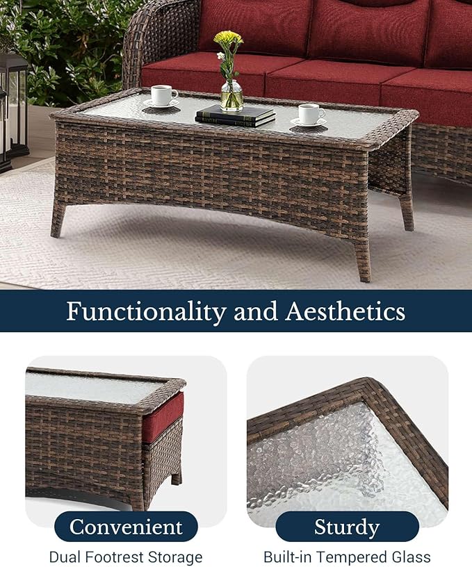 HILLGA Luxury Patio Furniture Set with 6-Inch Thick Cushions, High Back Outdoor Swivel Rocker Chairs and Patio Couch, 13-Piece All Weather Conversation Set for Porch Deck Pool Yard, Burgundy (V3)