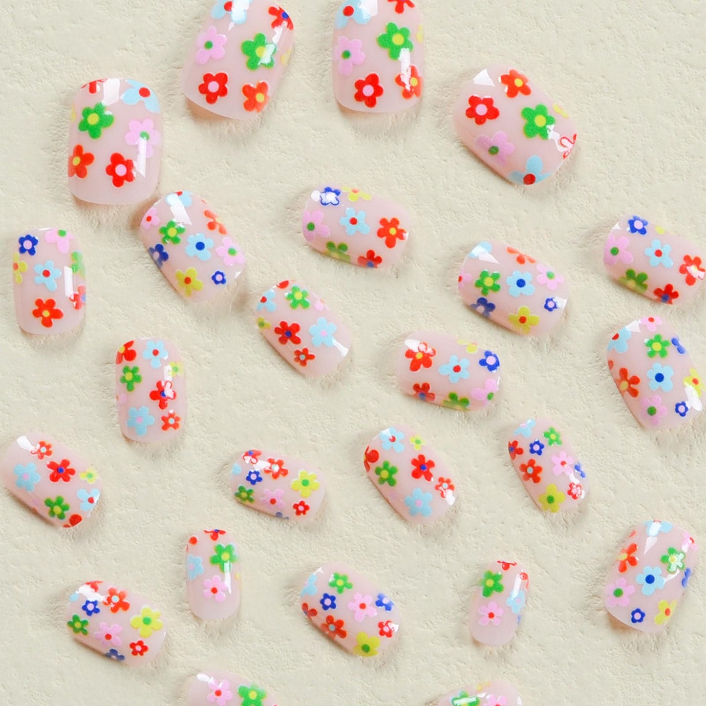 Square Press on Nails Short Fake Nails Spring Nails Press ons Glossy Glue on Nails Cute Acrylic Nails Nude False Nails with Colorful Flower Designs Artificial Stick on Nails for Women 24Pcs