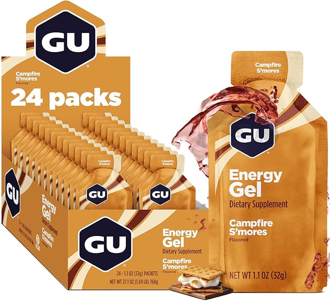 GU Energy Original Sports Nutrition Energy Gel, Vegan, Gluten-Free, Kosher, and Dairy-Free On-the-Go Energy for Any Workout, 24-Count, Campfire S'Mores