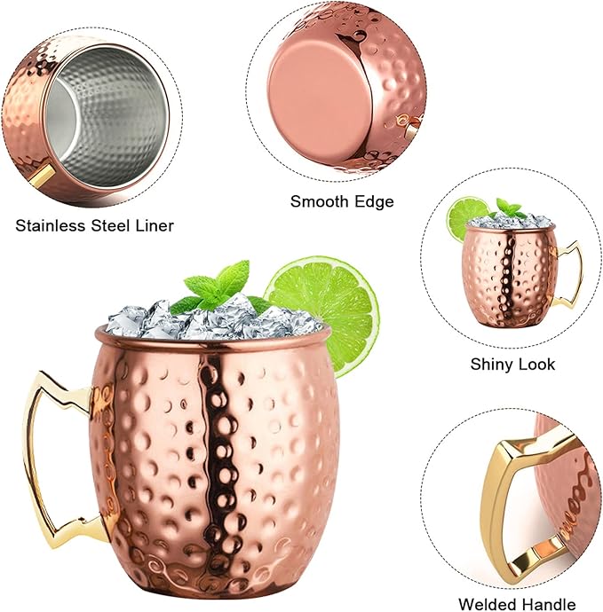 Moscow Mule Copper Mugs Set of 4, Copper Cups with Straws, Jigger, Coasters, Straw Brush for Party, Bar, Stainless Steel Lining, 19.5oz Gifts Set