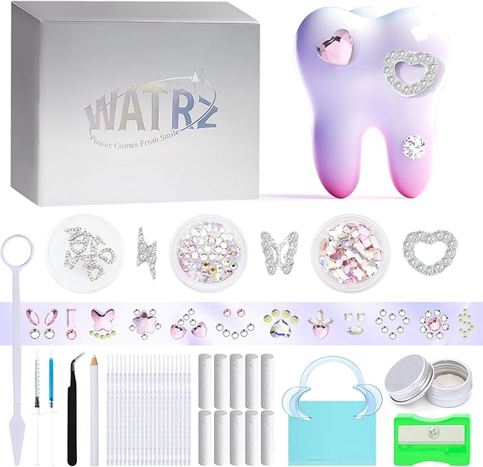 WATRZ Teeth Gem Kit,Tooth Diamonds Gems Kit for Teeth DIY Crystals Tooth Jewelry for Girls DIY Crystal Spider Snake Cross Heart Butterfly Lightning Bolt Pink Purple Black Red for Boys(White)