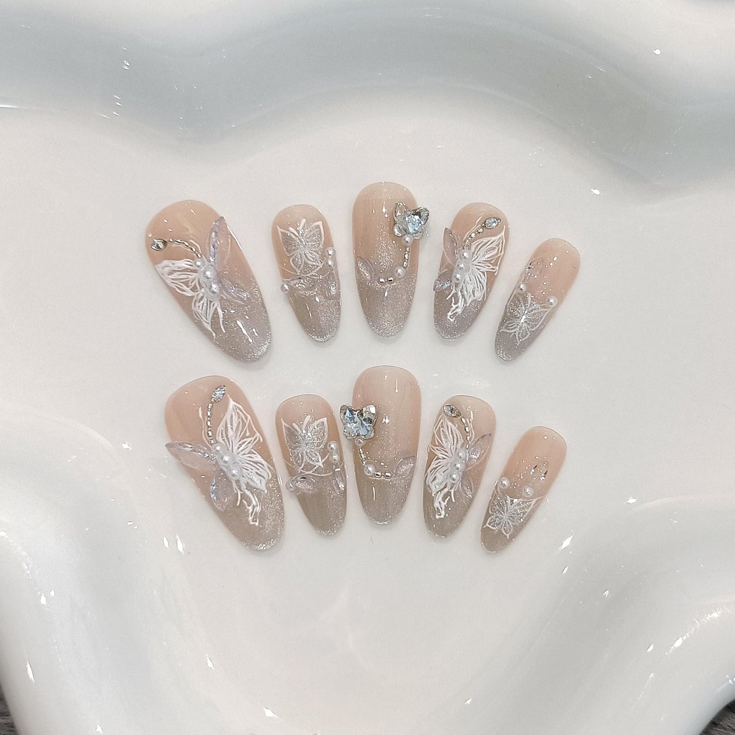 TENPAL 3D Butterfly Cat Eye Glitter French Press on Nails Medium Almond,Galaxy Icy Shimmer Rhinestones Designs with Full Manicure Kit 10pcs(XS)