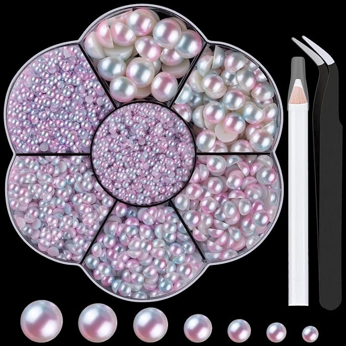 Nail Art Flat Back Half Round Pearl Kits 20, 1 Box of 6000 Pcs Flat-Back Pink Mermaid Pearl with Tweezer and Picker Pencil for Home DIY Nails Body Face Craft and Salon Use