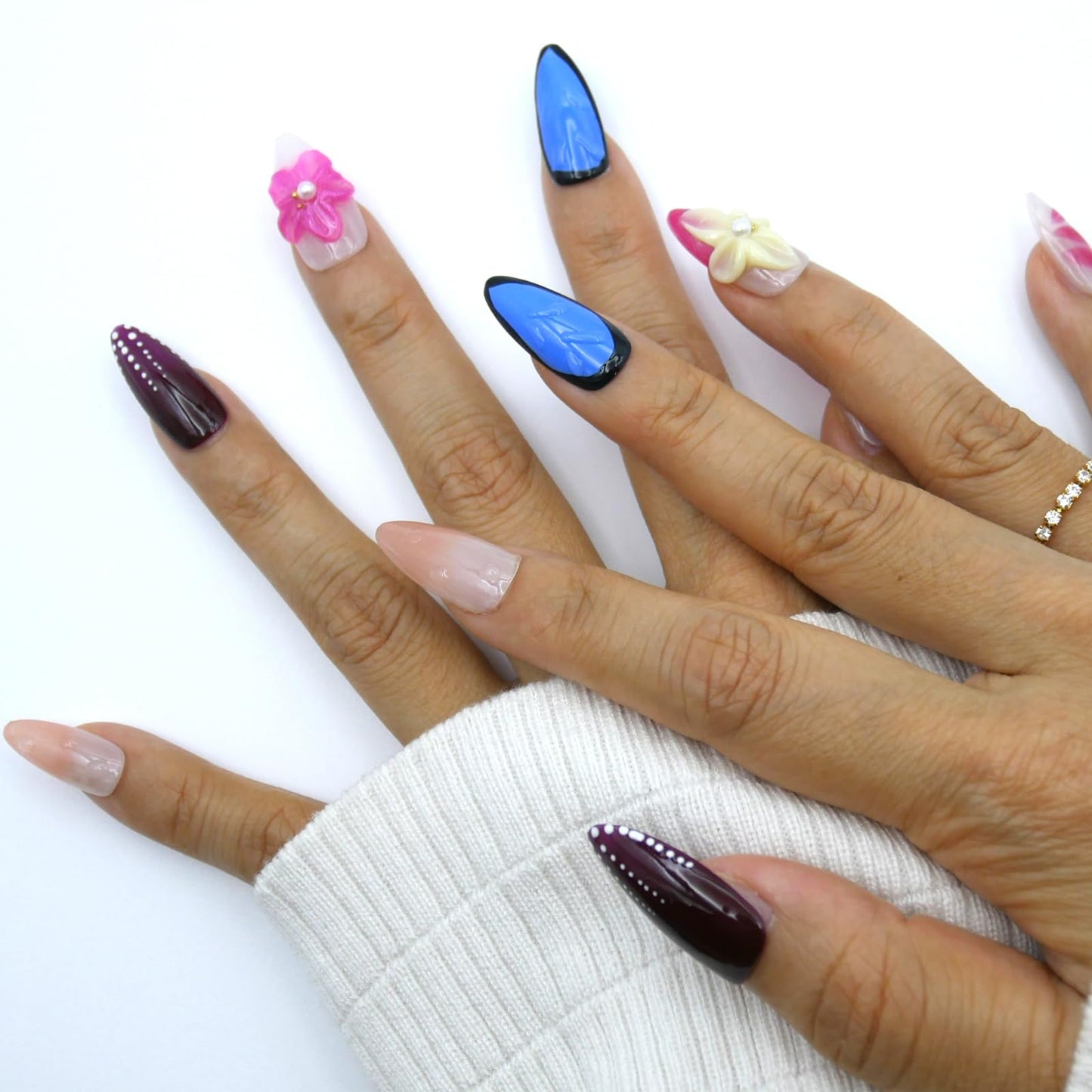 3D Pink Flower Press on Nails Almond - Medium French Tip Fake Nails with Embossed Flower & wave point Designs, Glossy Finish Reusable False Nails with Glue Tabs - 10Pcs Nail Kit for Women Manicure.