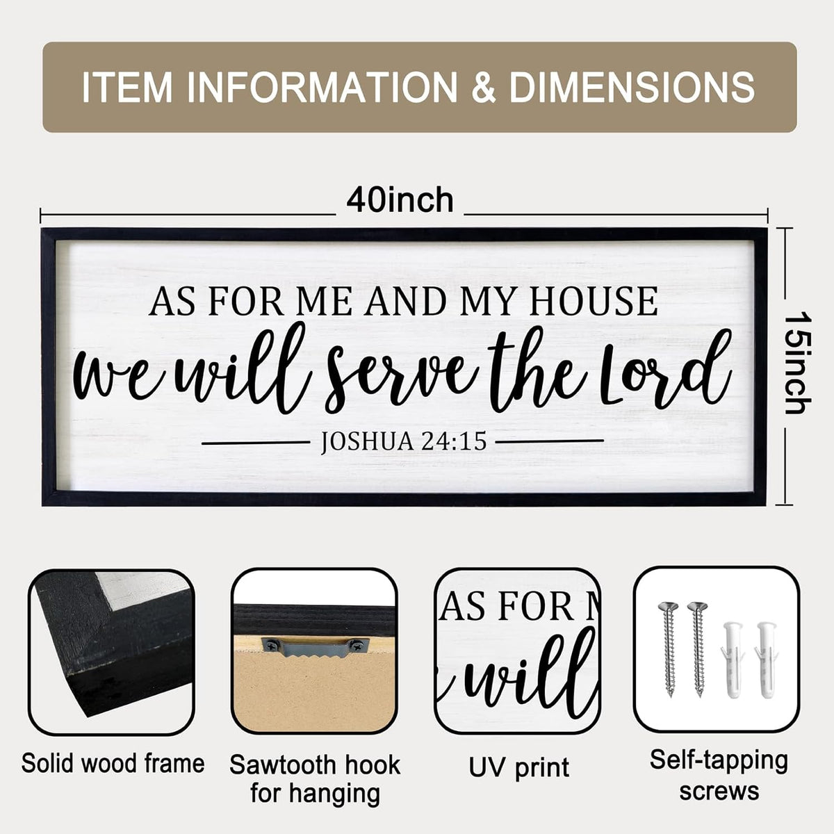As For Me And My House We Will Serve The Lord Framed Wall Art, 40''×15'' Vintage Positive Religious Bible Verse for Christian God Jesus Christ Prayer, Rustic Long Holy Catholic Scripture Decor