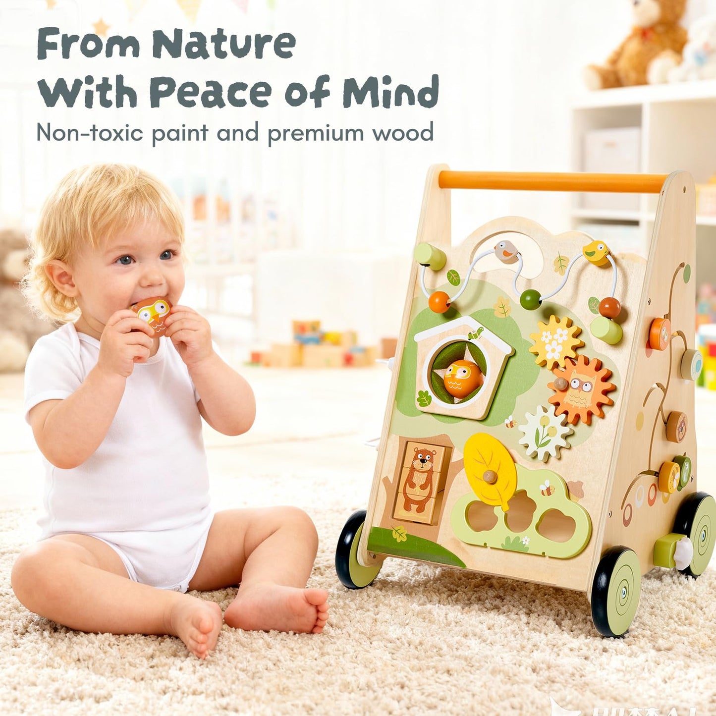 10-in-1 Wooden Baby Walker with Activity Center, Forest Montessori Push Toy for Toddlers 1–3, Bead Maze, Shape Sorter, Gears, Puzzles Fine-Motor Learning, Speed Adjustable Wood Walker for First Steps