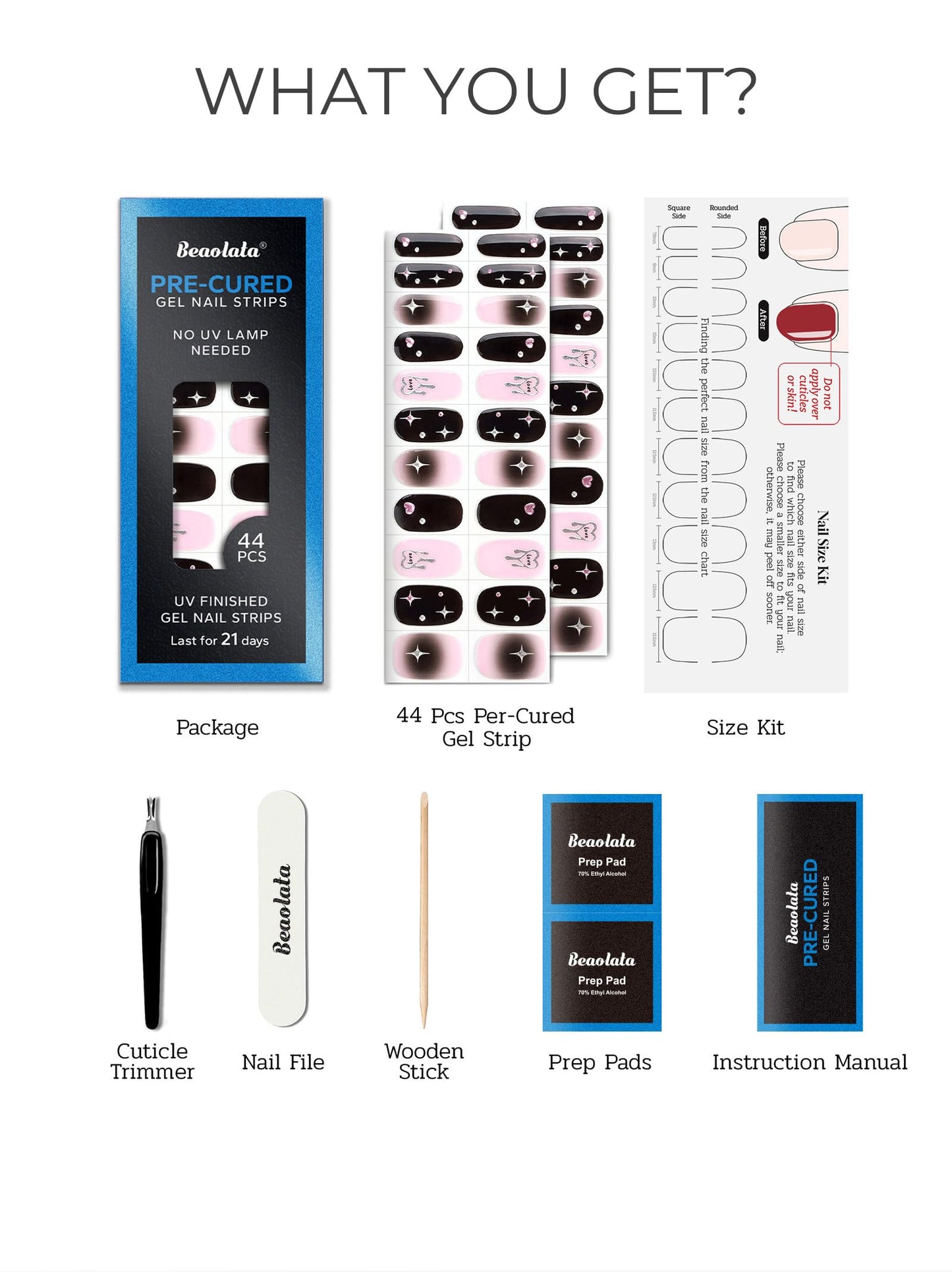 Beaolata Real Gel Nail Strips (No UV Light Needed) - 44Pcs Salon Quality Nail Stickers - Long Lasting Polish Wraps for Women, Easy Apply & Remove (Black Pulse)