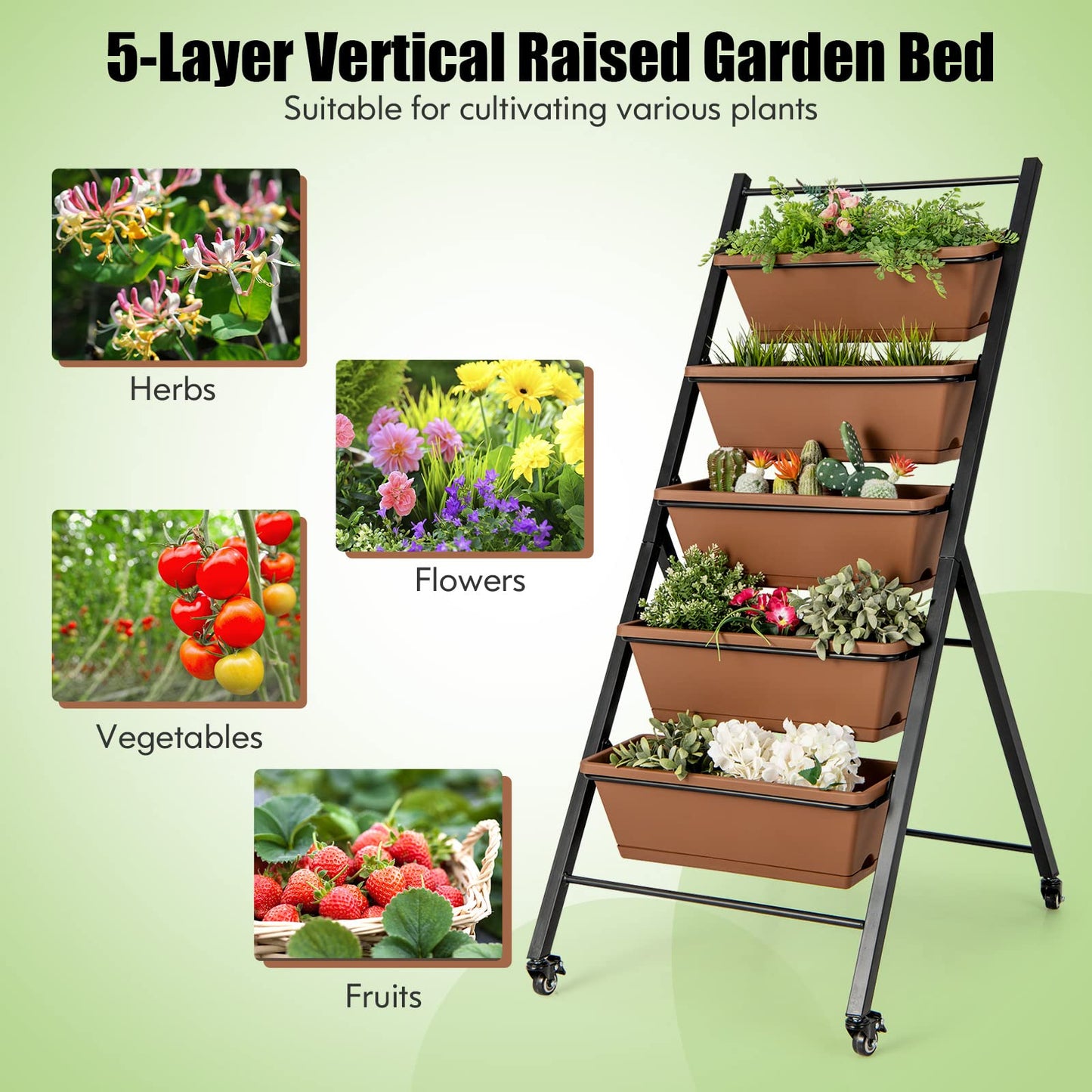 S AFSTAR 5-Tier Vertical Garden Planter, Raised Garden Bed with 2 Lockable Wheels, 6 Removable Planter Boxes, Metal Frame, Indoor Outdoor Elevated Planting Box for Flower Vegetables Fruit Herbs