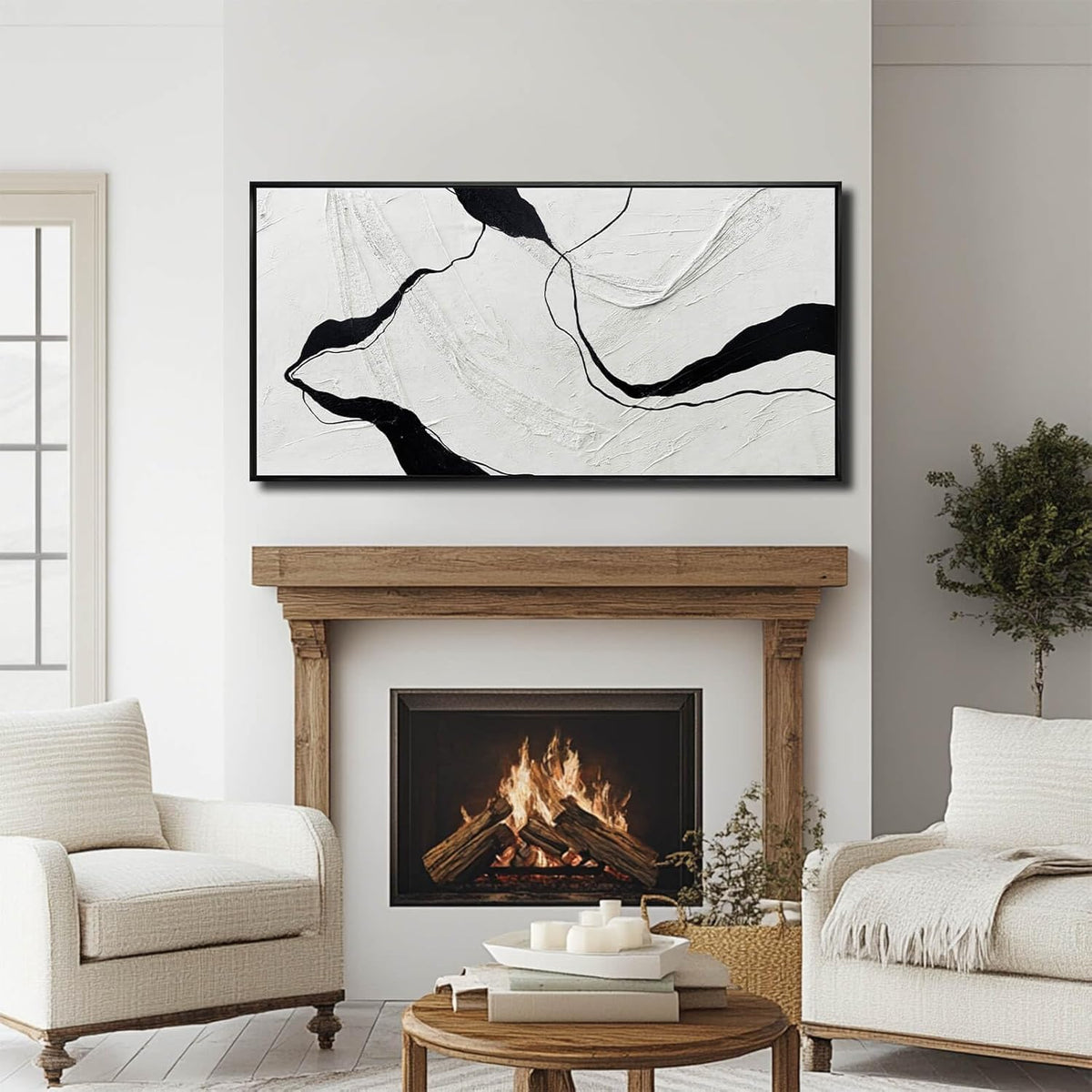 Framed Minimalist Wall Art 24"x48" Black and White Abstract Print Poster Line Canvas Modern Artwork for Living Room Bedroom Office Decor