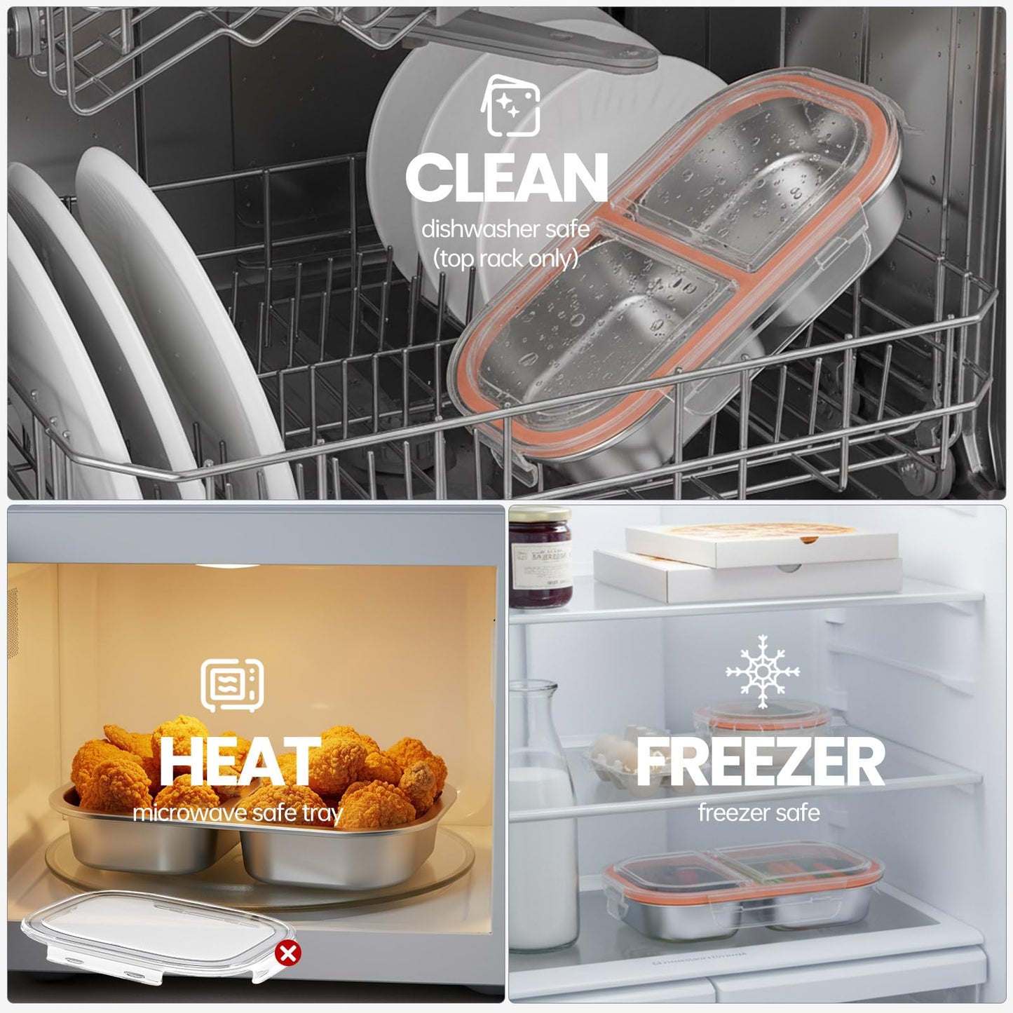 CODIEKEY Snackle Box Container,Dishwasher,Reusable Snack Containers With Lids,2 Compartment Stainless Steel Snack Containers,Fruits, Snacks,Nuts,Salad,travel,800ML,White&Orange,2 Pack