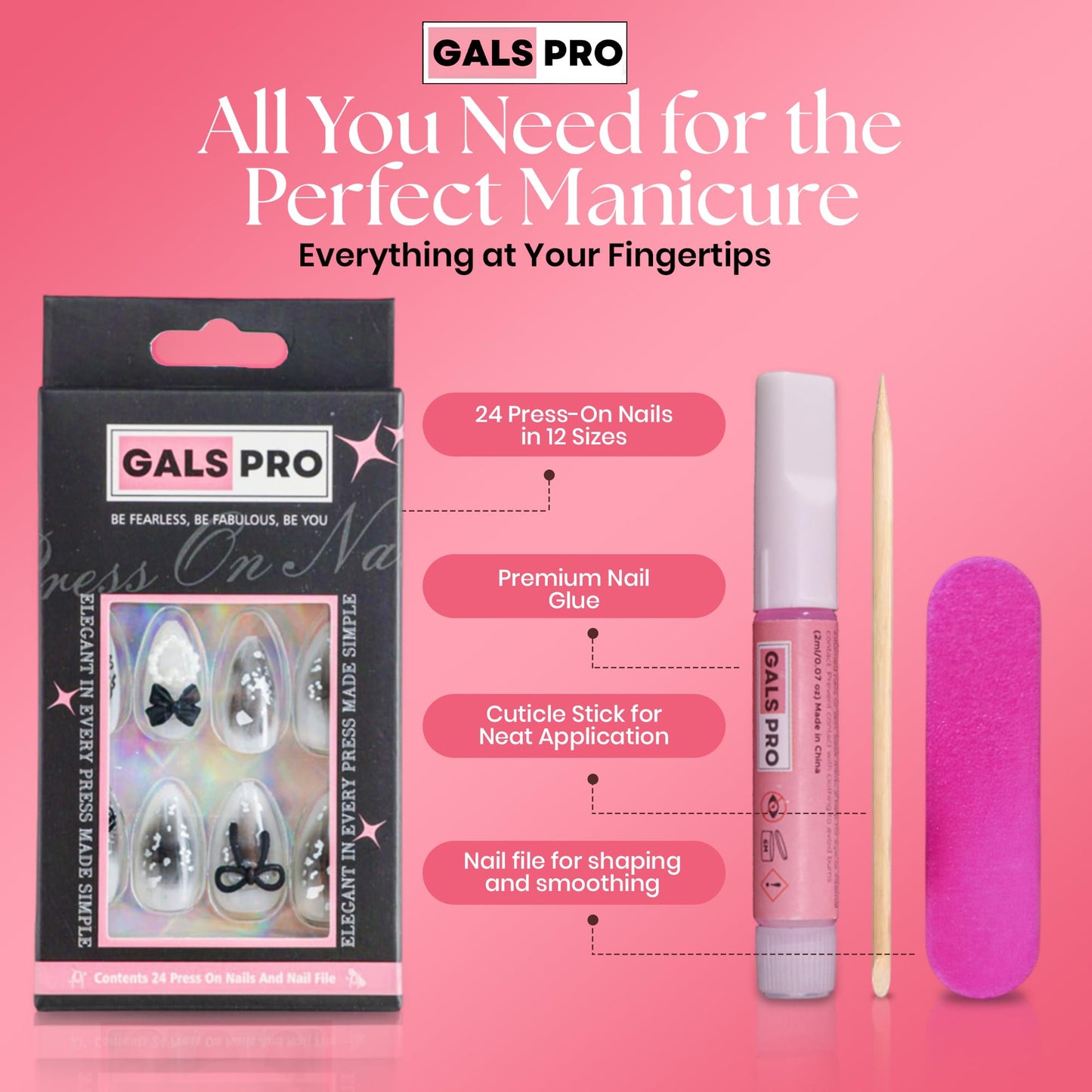GALSPRO Short Press on Nails - Set of 24 Fake Nails with Designs in 12 Different Sizes for Perfect Fit, Cute False Nails Kit for Women with 0.07oz Nail Glue (HARMONY NOIR ALMOND SHAPE, Short)