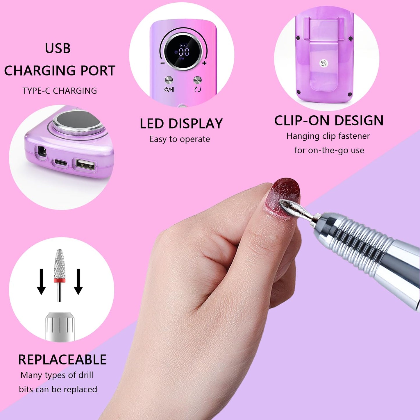 SUILU Electric Nail Drill File Professional,30000 RPM Portable Nail Drill Machine Kit Manicure Pedicure Tools Polishing Set with Nail Drill Bits Sanding Bands ﻿ (Dazzling Purple)