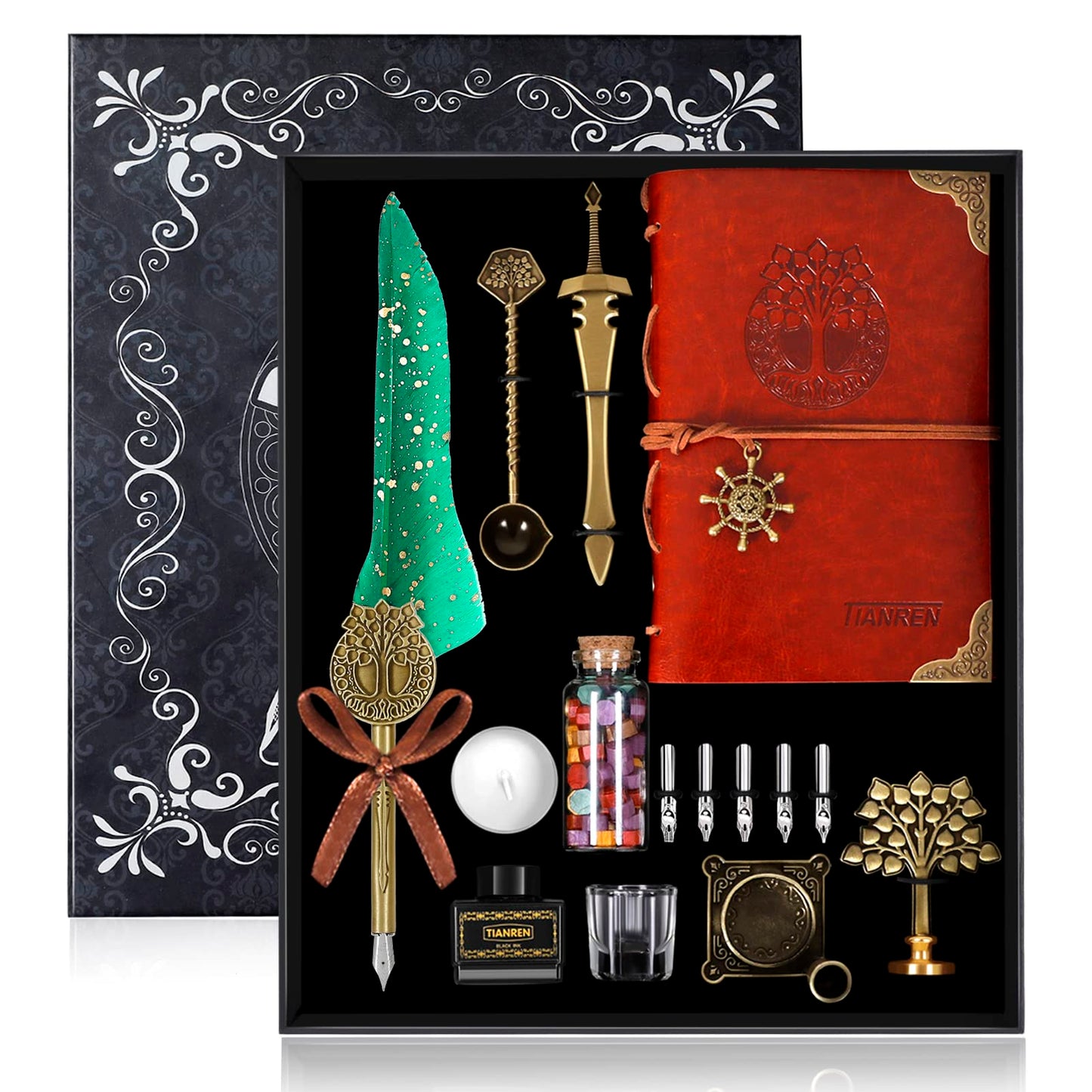 TIANREN Quill Pen and Ink Set,Feather Dip Pen,Antique Calligraphy Pen with 5 Replaceable Nibs,Wax Seal Stamp kit,Wax Beads & Leather Writing Notebook Christmas gift for Men&Women(Green)