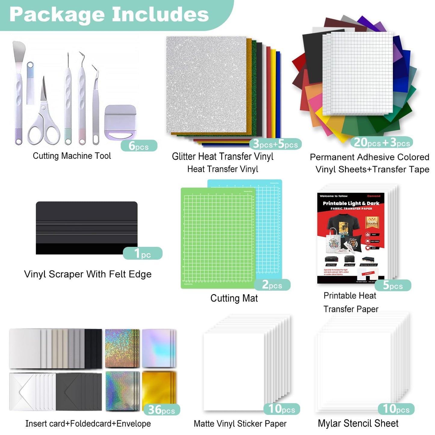 Convend The Ultimate Accessories and Supplies Bundle for Xtra - 101Pcs Craft Starter Kit with Weeding Tools, Heat Transfer Vinyl, Permanent Vinyl, Transfer Paper, Card Kit for Crafting Projects