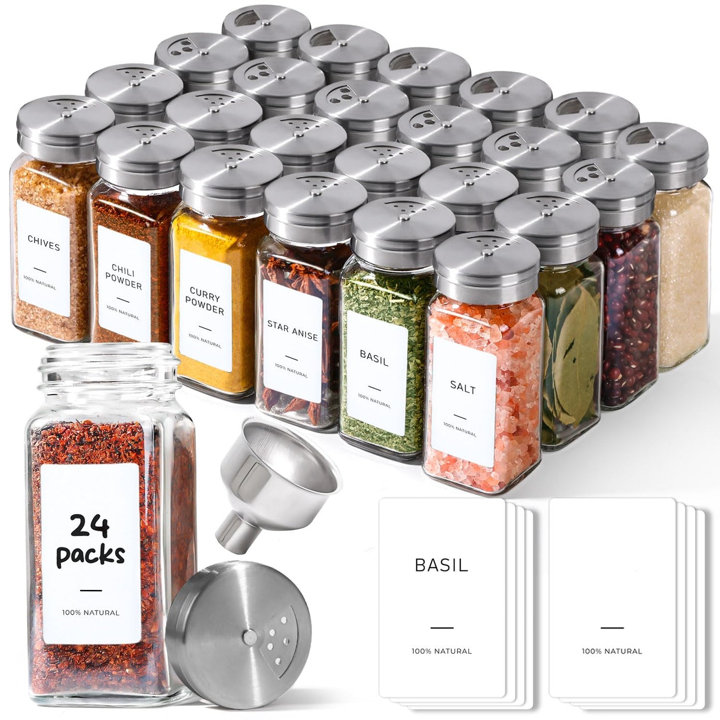 ComSaf Spice Jars with Shaker lids Adjustable, 4oz 24PCS，45 Labels, Comdiment Jars Set, Empty Spice Containers and Square Ingredient Bottles for Kitchen and Seasoning, Bulk Salt and Pepper Shaker Set