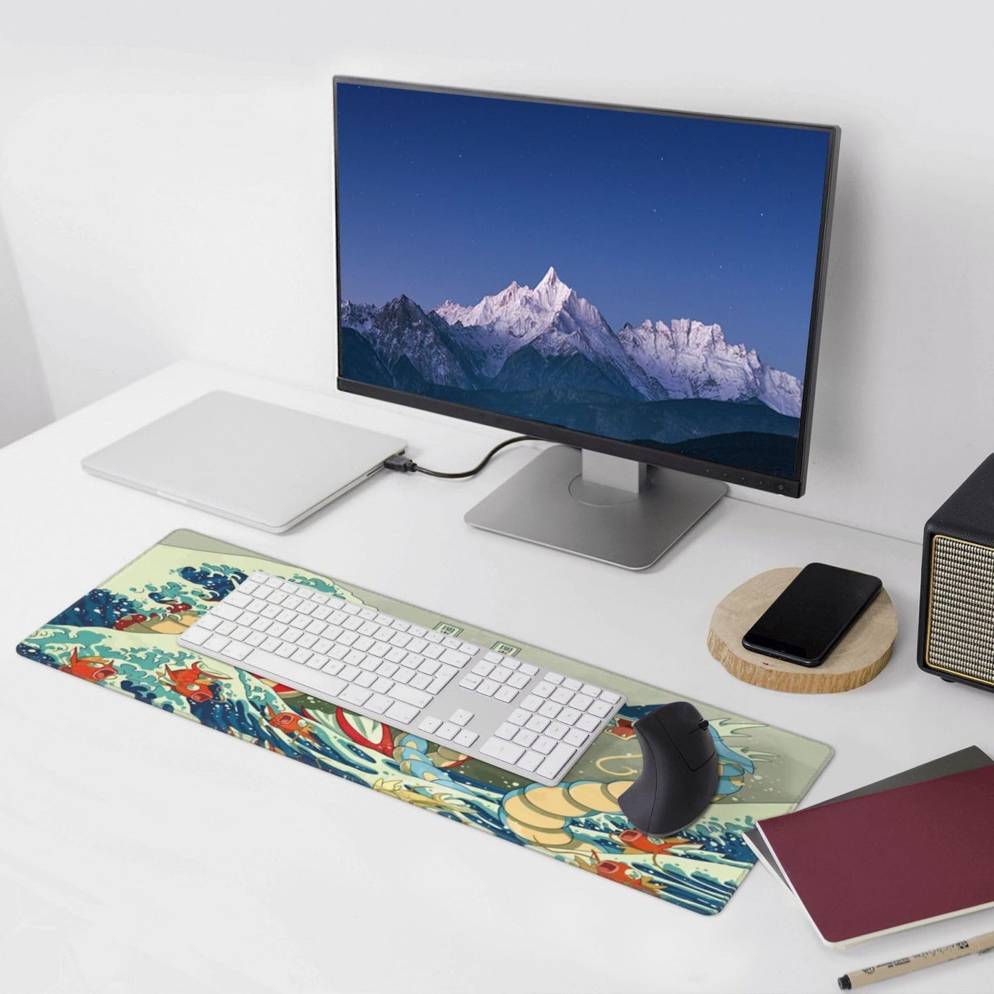Large Gaming Mouse Pad,Japanese Ukiyoe Anime Dragon Mousepad,Stitched Edges,Non-Slip Rubber Base,Long Extended Desk Mouse Mat(31.5"x12")